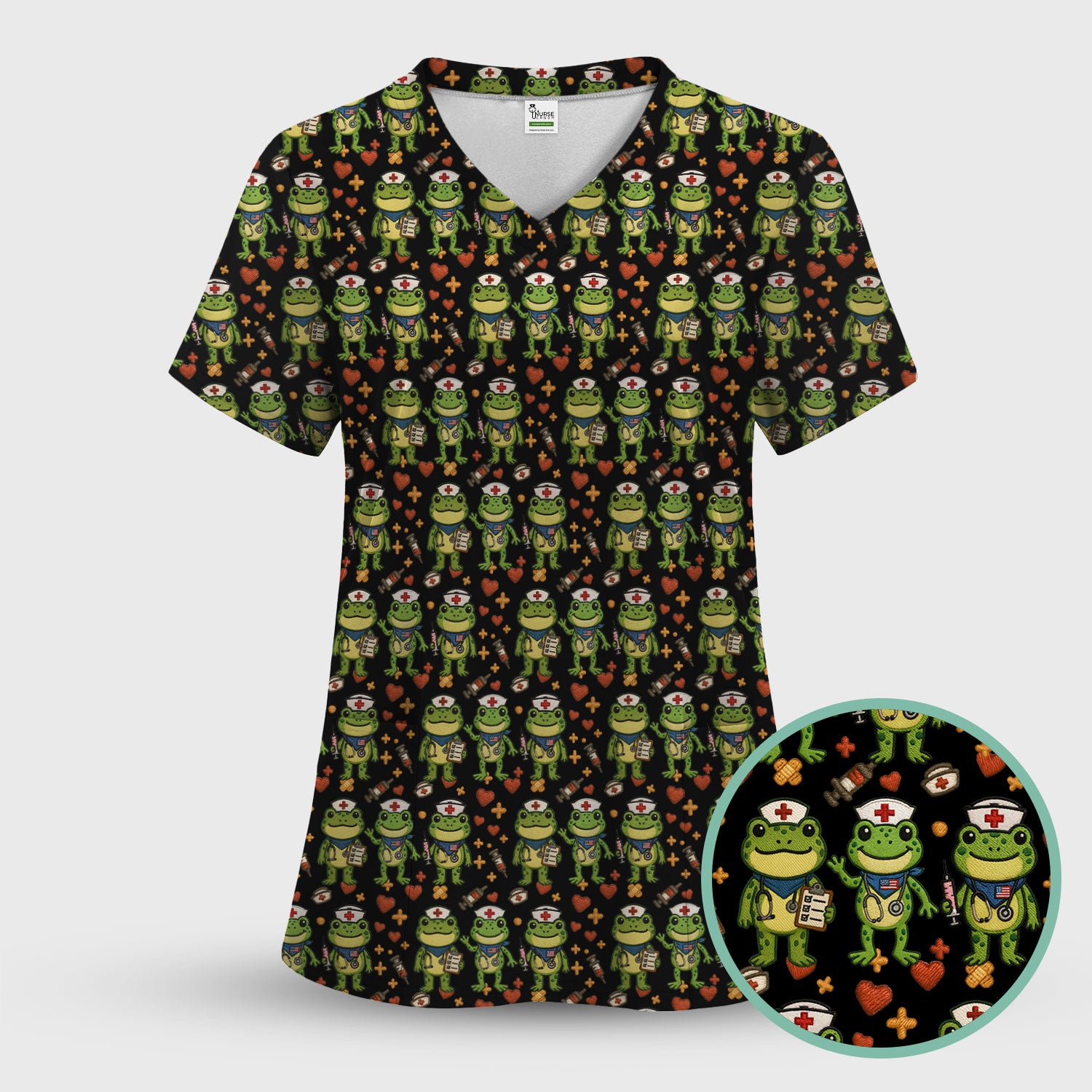 Frog Pattern Scrub Top, Cute Frog Scrub Shirt, Breathable Fabrics Nursing Uniform