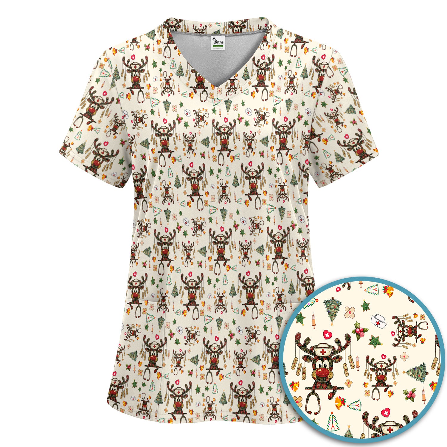 Reindeer Christmas Nurse Scrub Set - Funny Holiday Scrubs Pants and V Neck Top - Cute Medical Uniform for Women