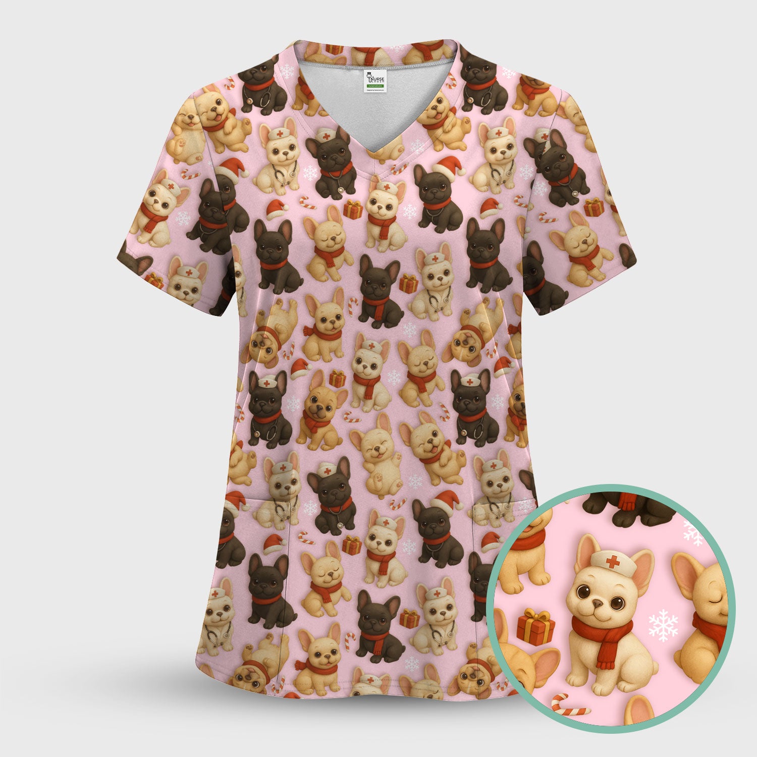 French Bulldog Scrubs Christmas Nurse Set - Cute Holiday Dogs with Candy Canes, Snowflakes & Gifts - Fun Festive Christmas Scrubs for Women