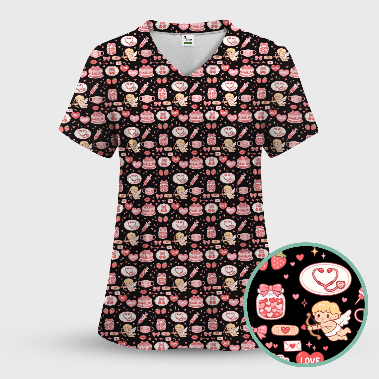 Cupid Nurse Scrub Top, Cute Love Medical Pattern Shirt For Valentine, Breathable Fabrics Nursing Uniform