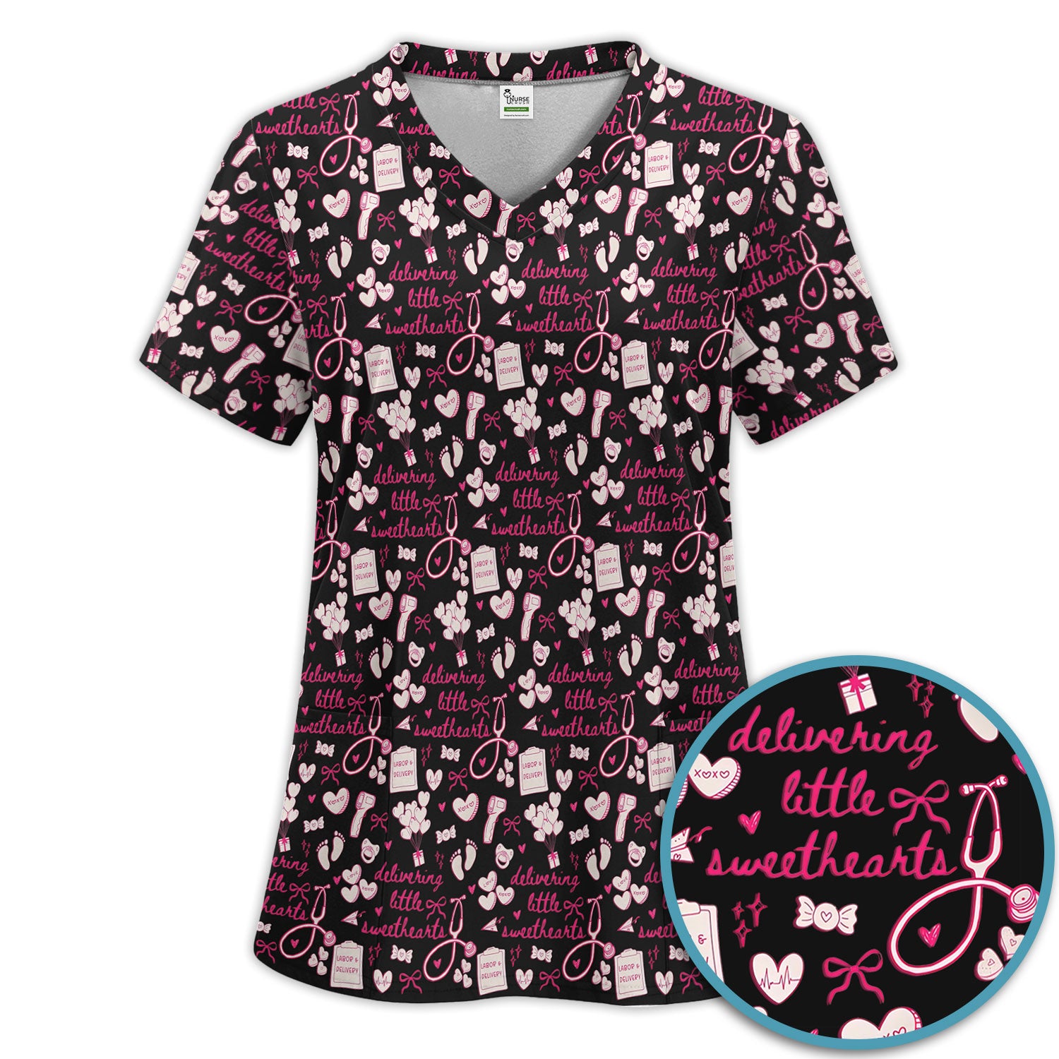 Valentine Labor And Delivery Scrub Set, XOXO Pattern Scrub Shirt, Breathable Fabrics Nursing Uniform For Women
