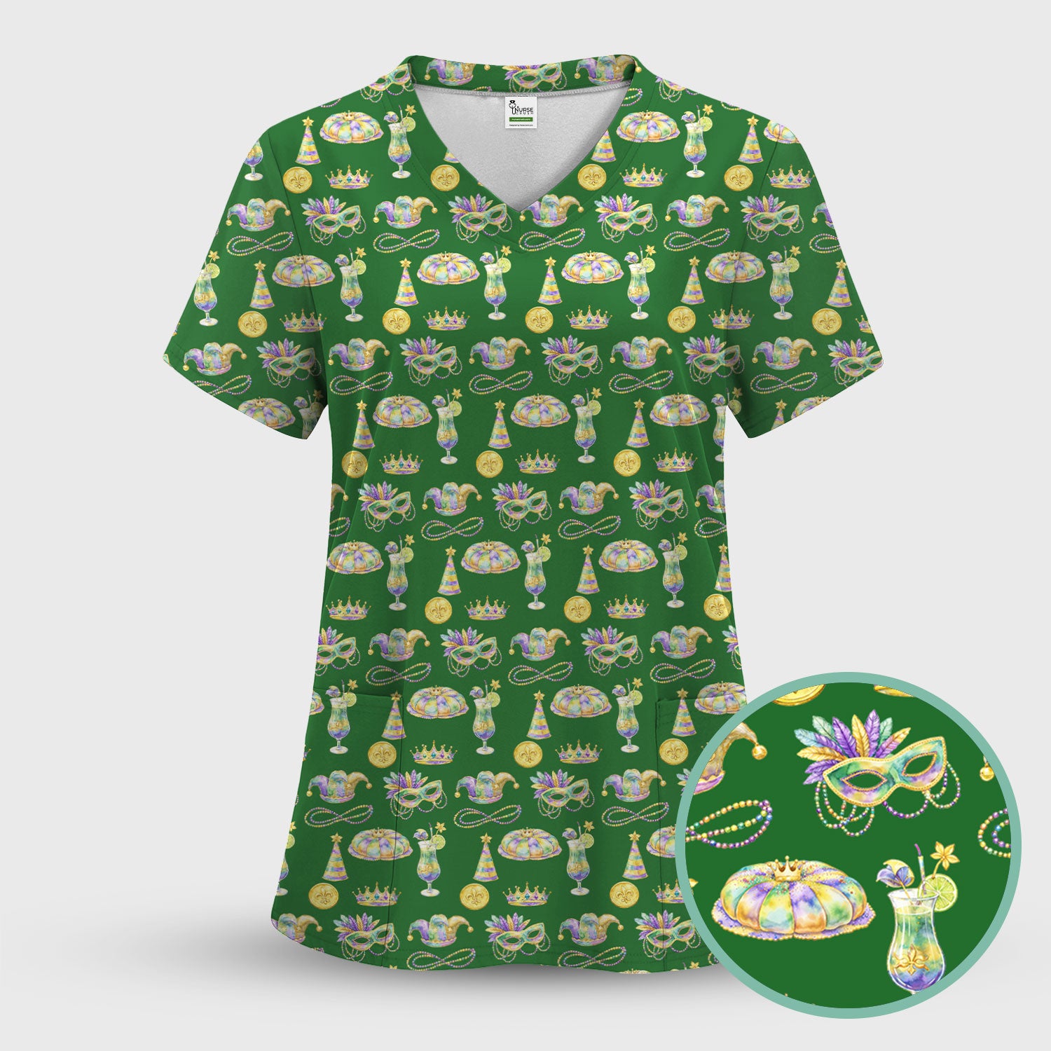 Mardi Gras Mask Scrub Top, Elegant Carnival Pattern Nurse Shirt For Women, Breathable Fabrics Nursing Uniform