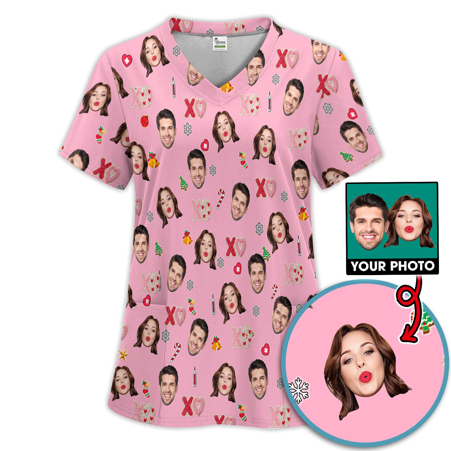 Personalized Photo Scrub Set, Custom Face XOXO Scrub Shirt, Breathable Fabrics Nursing Uniform