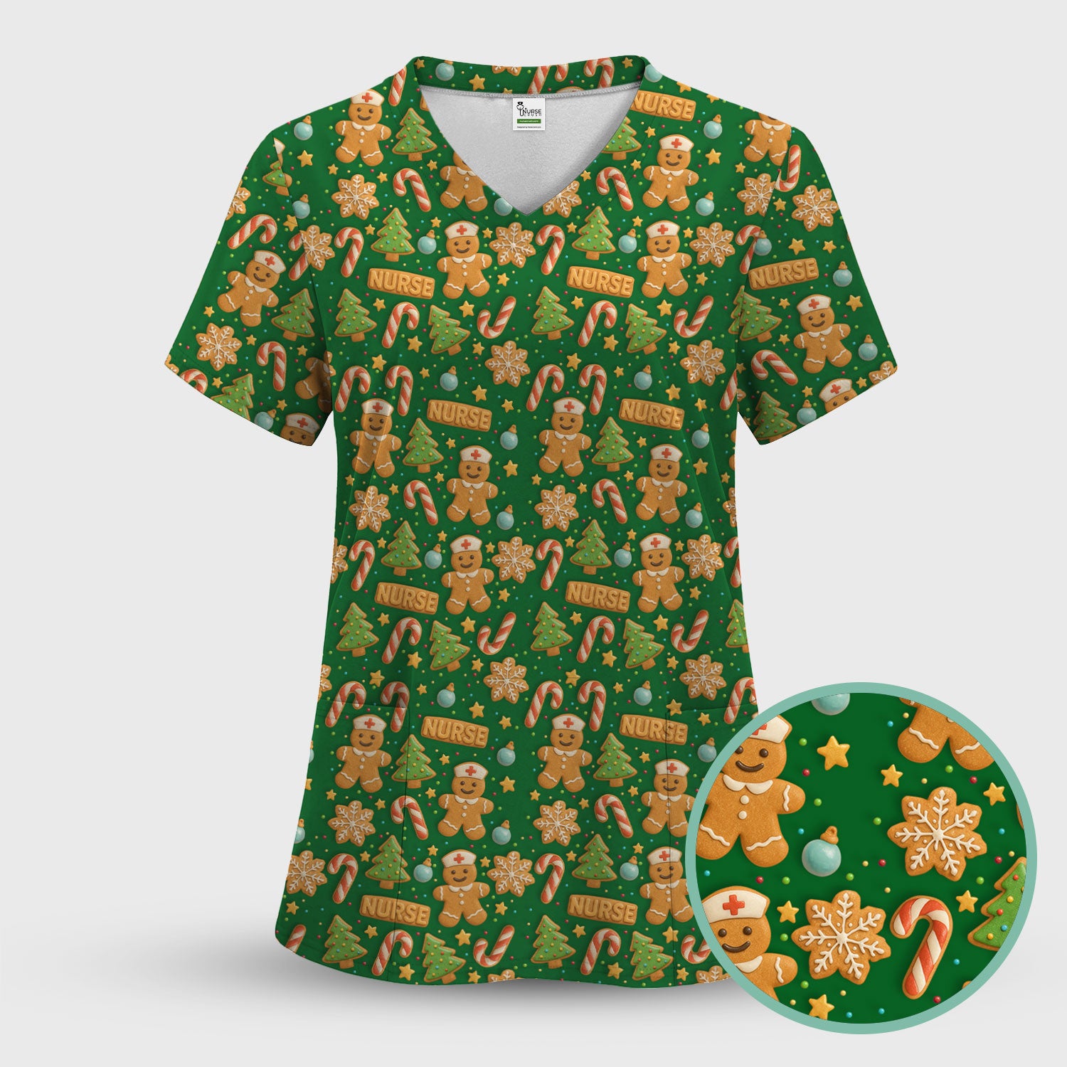 Gingerbread Scrubs Christmas Edition - Cute Cookie Pattern Medical Scrub Top for Women - Holiday Christmas Scrubs with Fun Festive Print