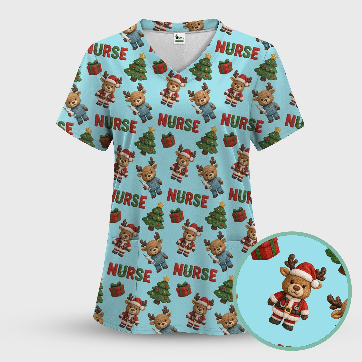 Reindeer Christmas Scrub Top, Cute Holiday Nurse Scrub Shirt, Festive Pattern Nursing Uniform