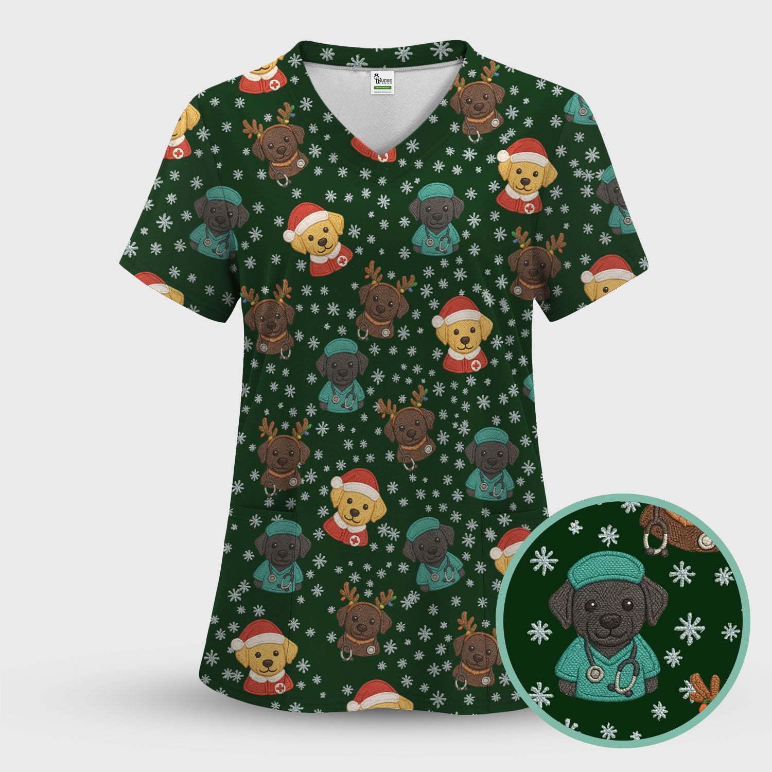 Christmas Dog Pattern Scrub Top, Cute Puppy Nurse Scrub Shirt, Holiday Nursing Uniform