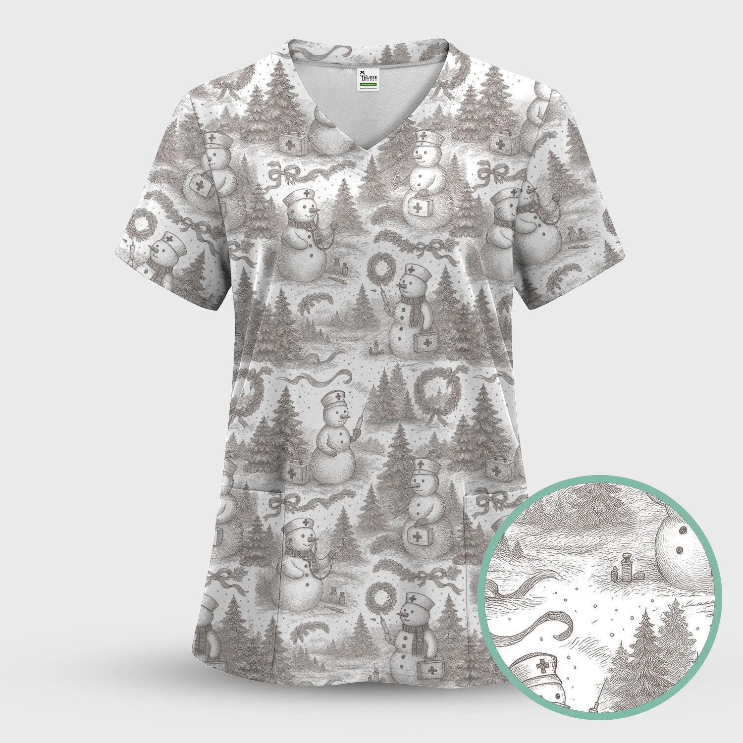 Toile de Jouy Christmas Scrubs Set – Elegant Snowman and Nurse Pattern – Classic Holiday Scrub Top and Pants for Women
