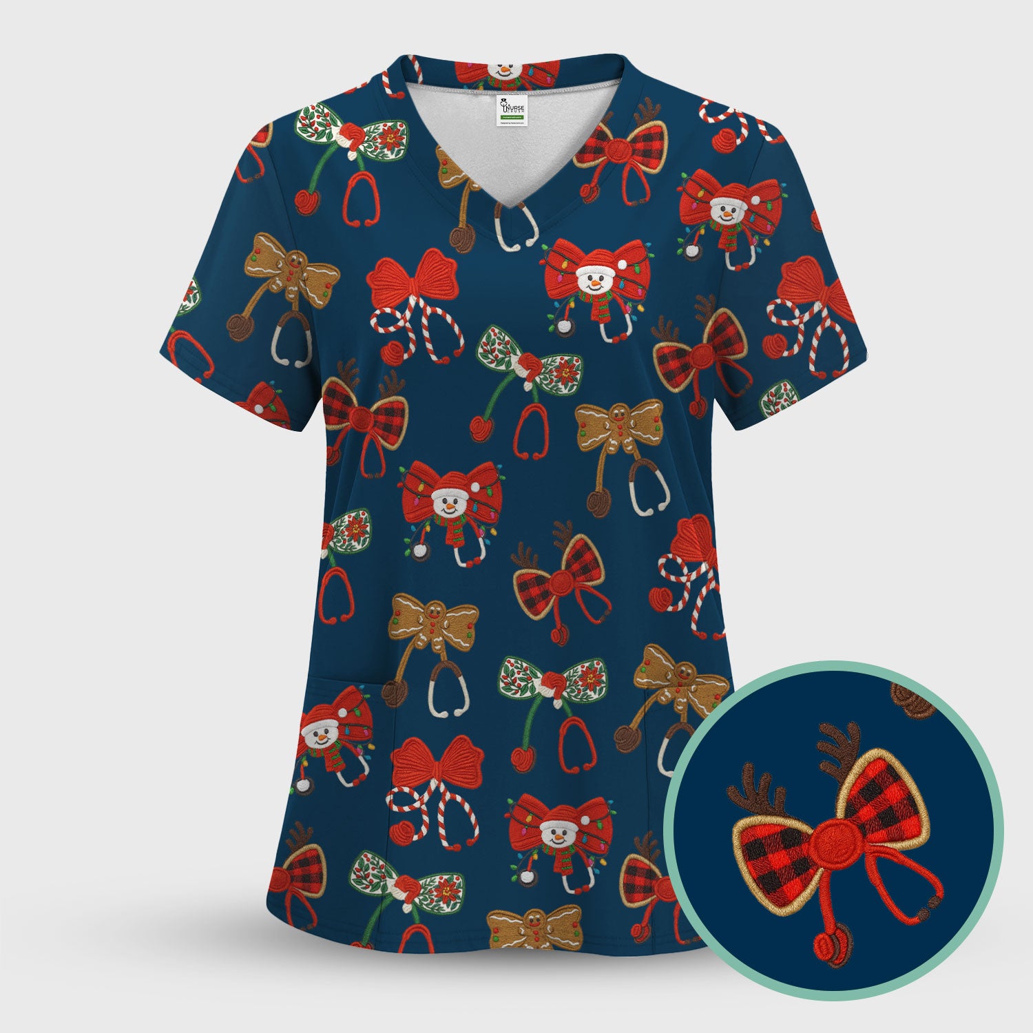 Christmas Stethoscope Bow Nurse Scrub Top, Xmas Pattern Scrub Shirt, Holiday Nursing Uniform
