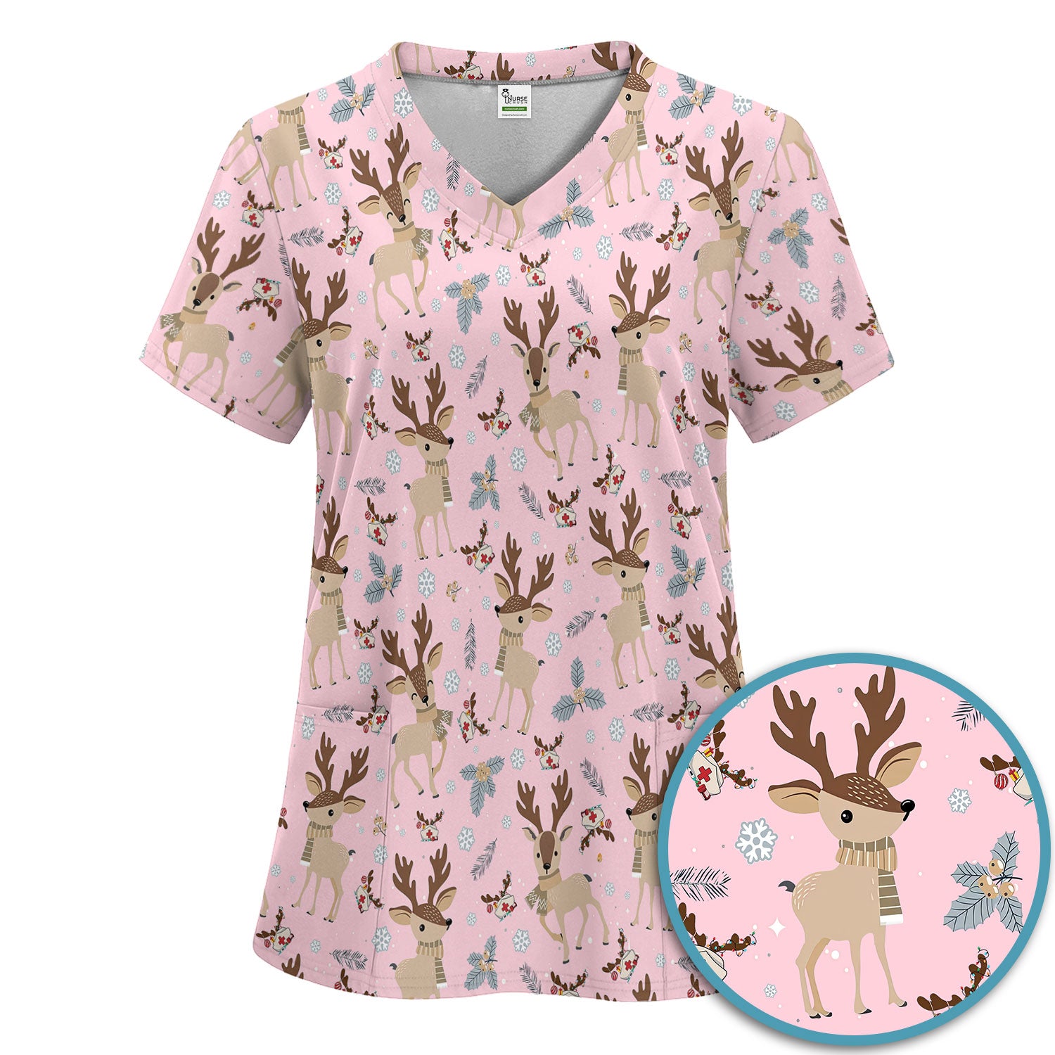 Reindeer Christmas Scrub Set - Cozy Beige Holiday Nurse Shirt with Cute Deer Pattern - Festive Medical Scrubs Pants and V Neck Top