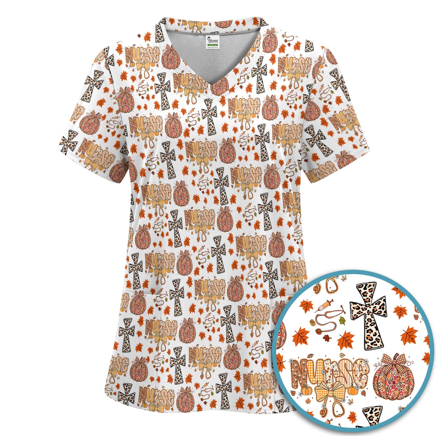 Floral Pumpkin Scrub Set for Women - Coquette Bow Thanksgiving Scrubs Pants and V Neck Top - Comfortable Medical Uniform