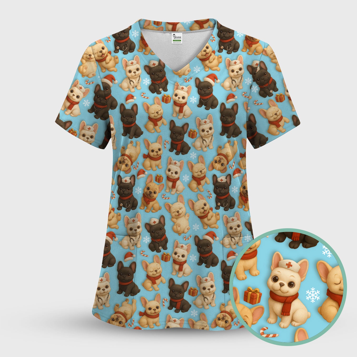 Christmas Dog Scrubs for Women - Cute French Bulldog Pattern Medical Scrub Top - Festive Holiday Nurse Scrubs with Adorable Puppy Design