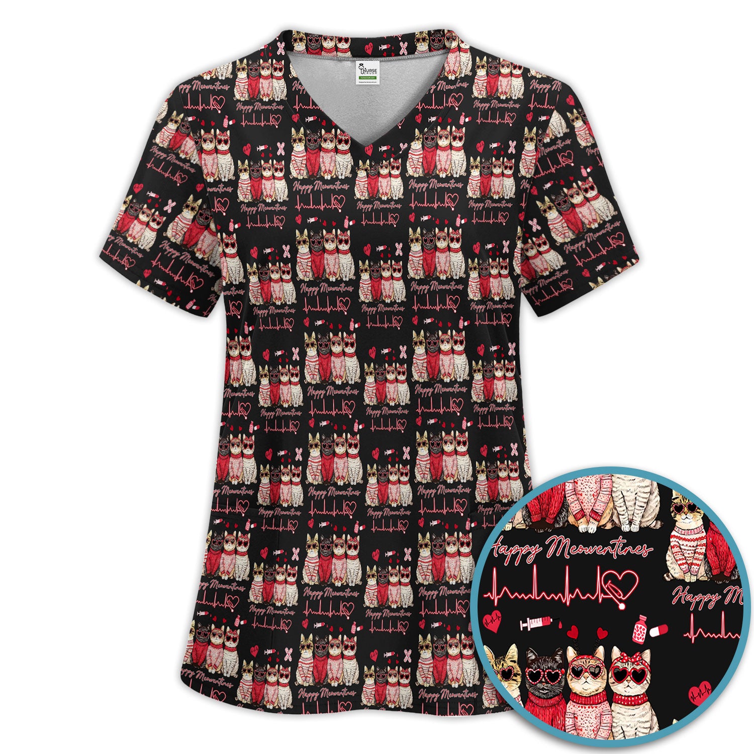 Happy Meowtines Cat Pattern Scrub Set, Valentine Cat Lover Nurse Scrub Shirt, Heartbeat Medical Pattern Nursing Uniform
