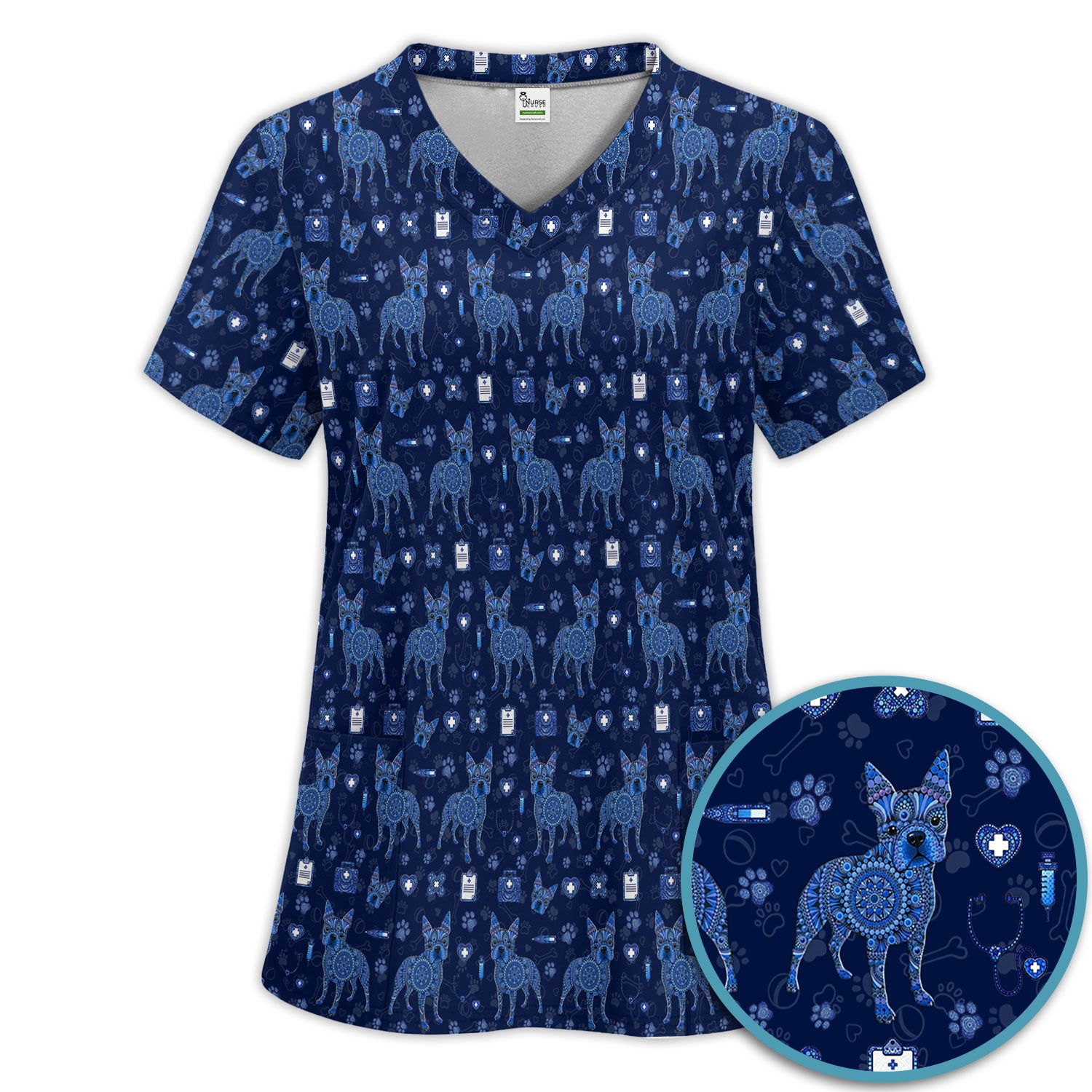 Blue Heeler Australian Cattle Dog Scrub Set, Australia Dot Art Pattern Shirt, Breathable Fabrics Nursing Uniform