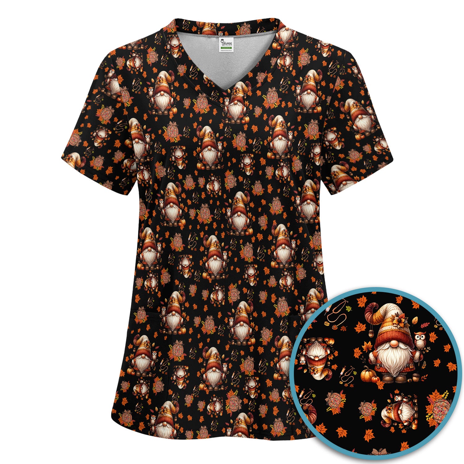 Fall Gnome Women's Scrub Sets - Autumn Leaves Pumpkin Scrub Pants and V Neck Top - Thanksgiving Nursing Uniform