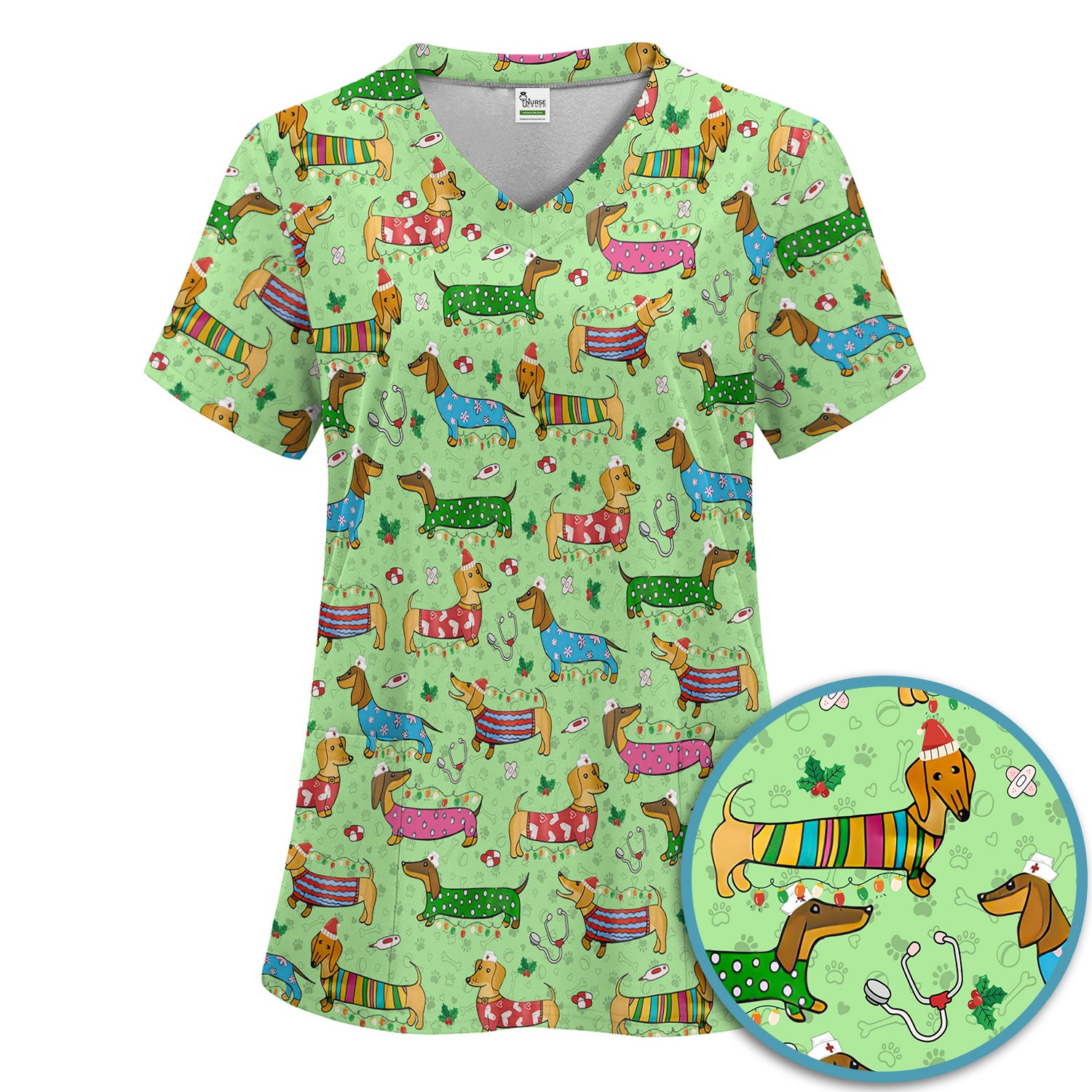 Christmas Scrub Set for Women - Funny Dachshund Scrubs Pants and V Neck Top - Cute Holiday Medical Uniform Gift for RN LPN CNA