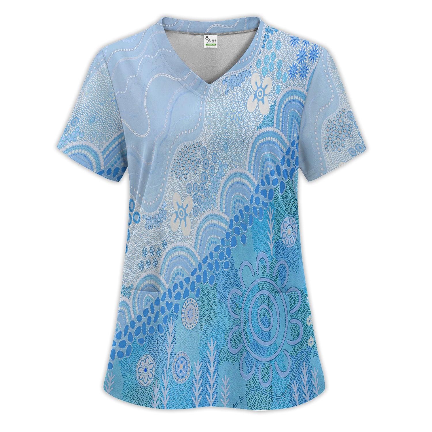 Floral Mandala Dot Pattern Women's Scrub Set, Scrub Pants and V Neck Top