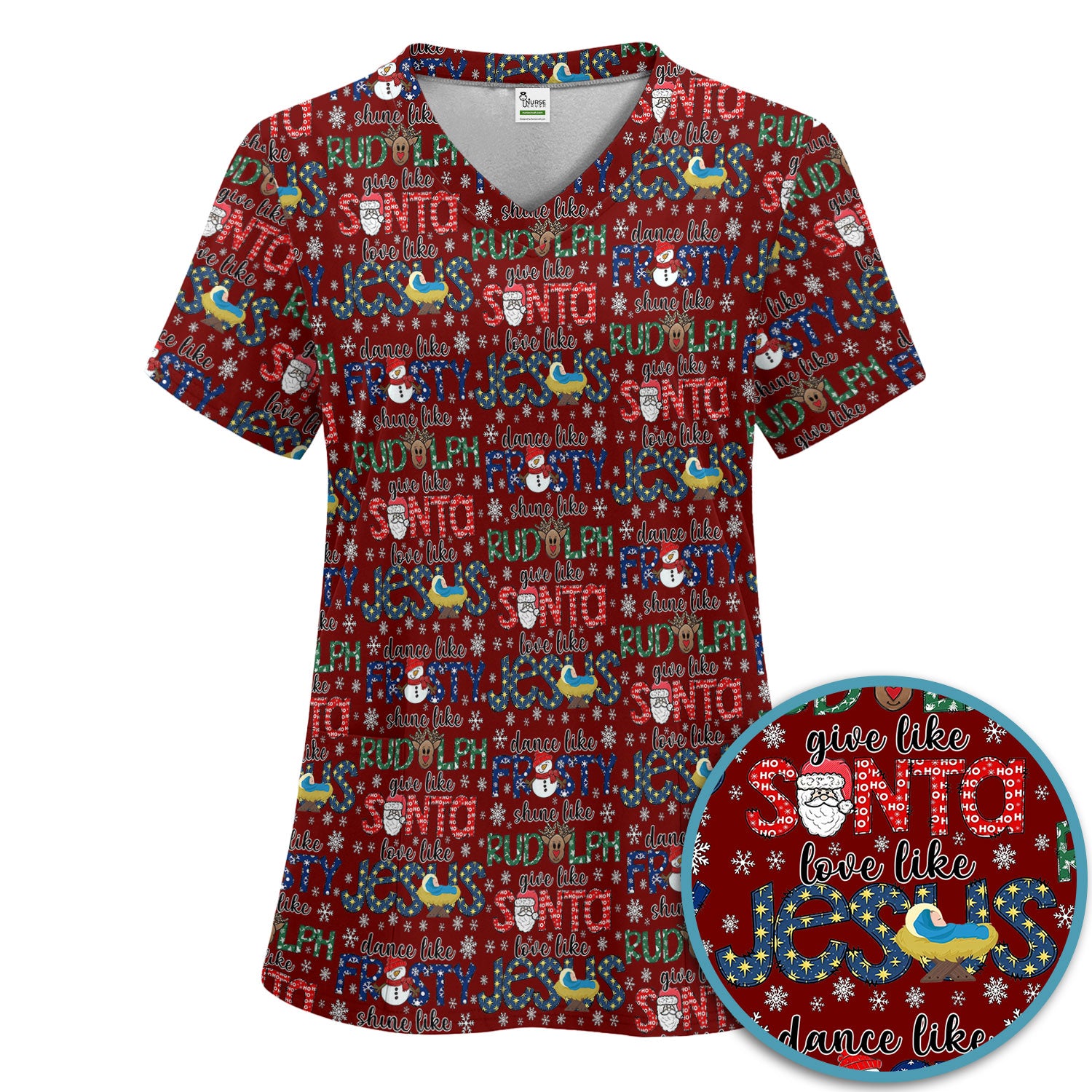 Xmas Rudolph Comfortable Scrub Set for Nurses - God Santa Scrub Pants and V Neck Top - Breathable Med Uniform