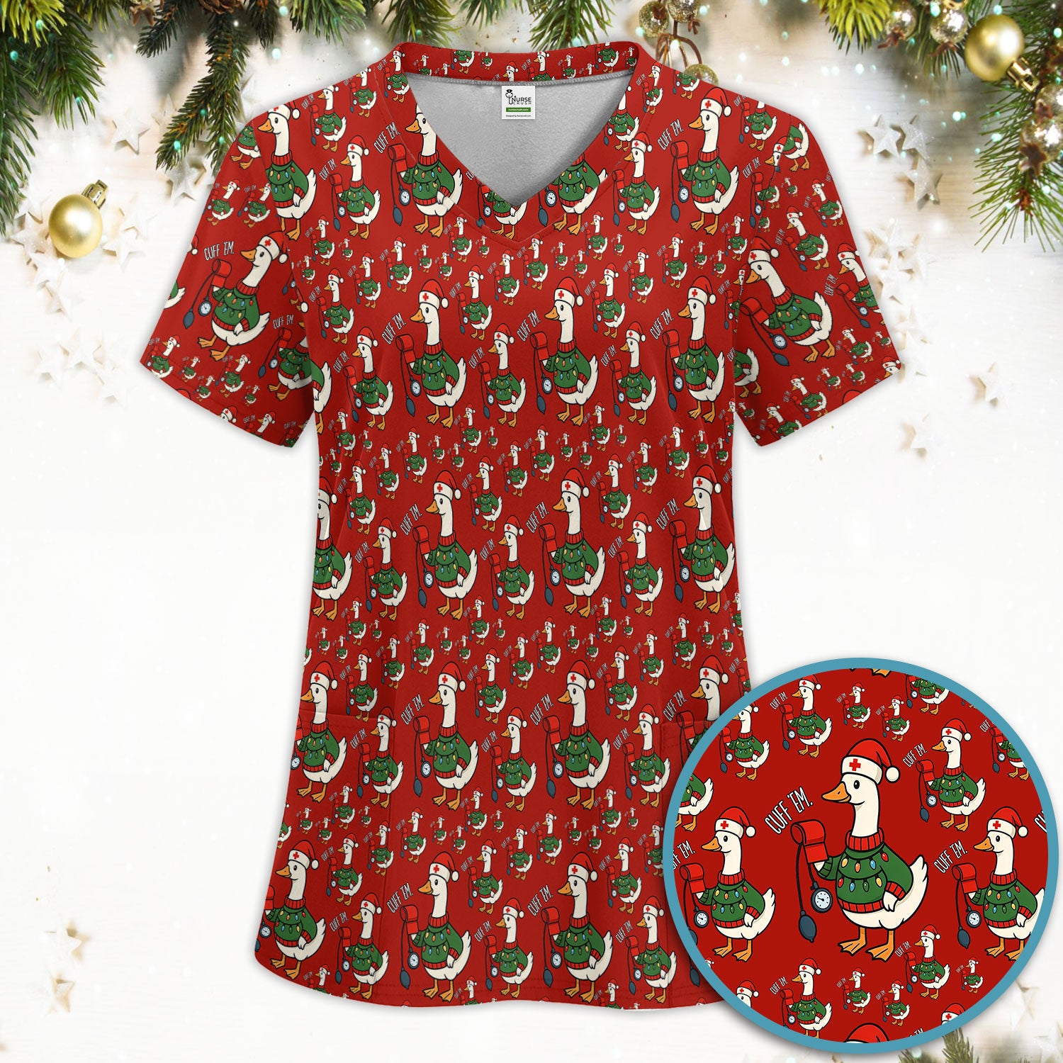 Nurse Christmas Duck Scrub Set, Cute Goose Pattern Scrub Uniform, RN LPN CNA Nursing Uniform