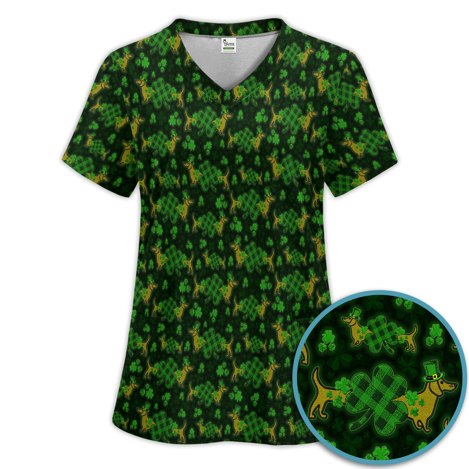 St. Patrick’s Day Dachshund Dog Pattern Scrub Set, Lucky Shamrock Puppy Nurse Scrub Shirt, Green Irish Nursing Uniform