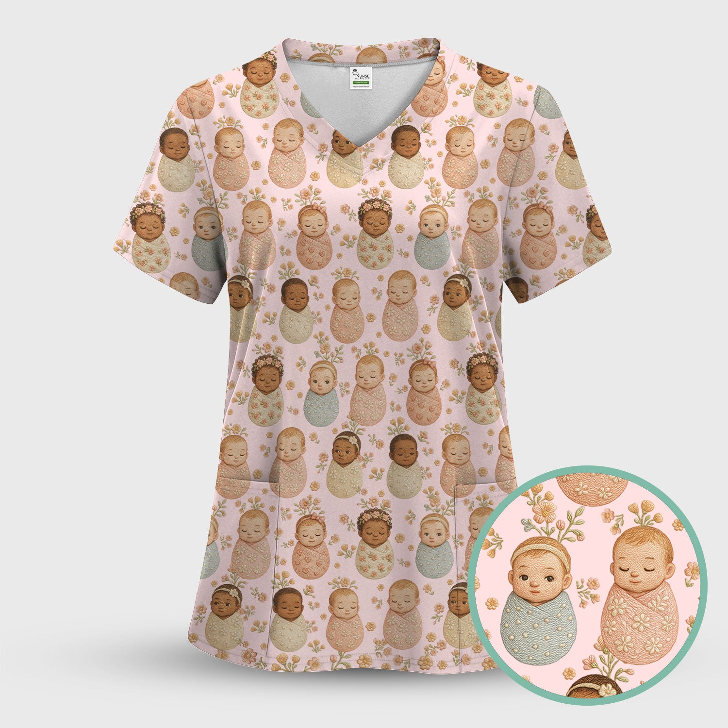 Sweet Newborn Baby Floral Print Nurse Scrub Top, Comfortable Scrubs for Nurses