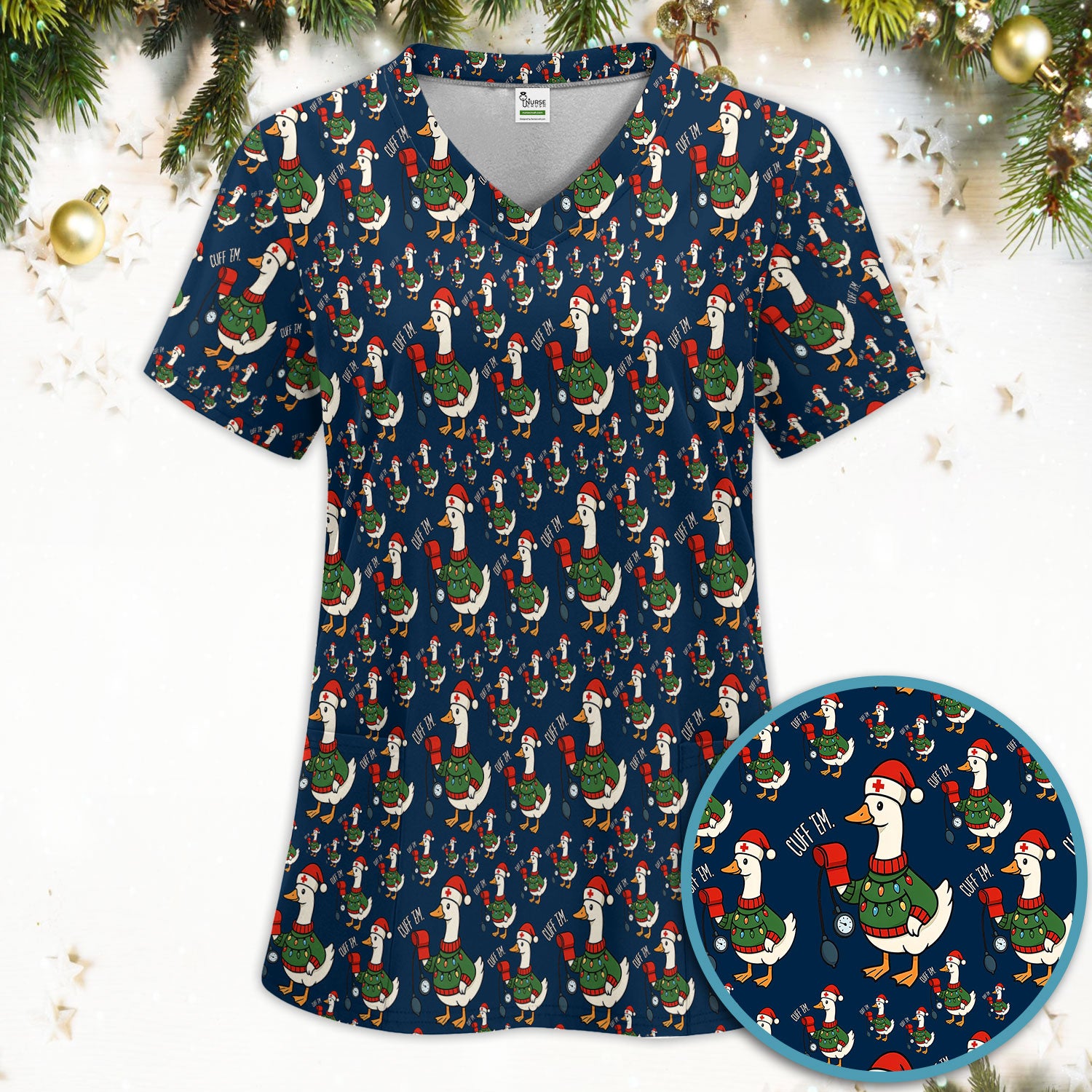 Nurse Christmas Duck Scrub Set, Cute Goose Pattern Scrub Uniform, RN LPN CNA Nursing Uniform