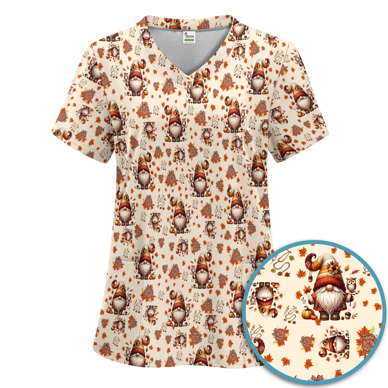 Autumn Leaves Pumpkin Scrubs Set for Women - Gnome Scrubs for Nurse Mama - Breathable Fabrics Nursing Uniform