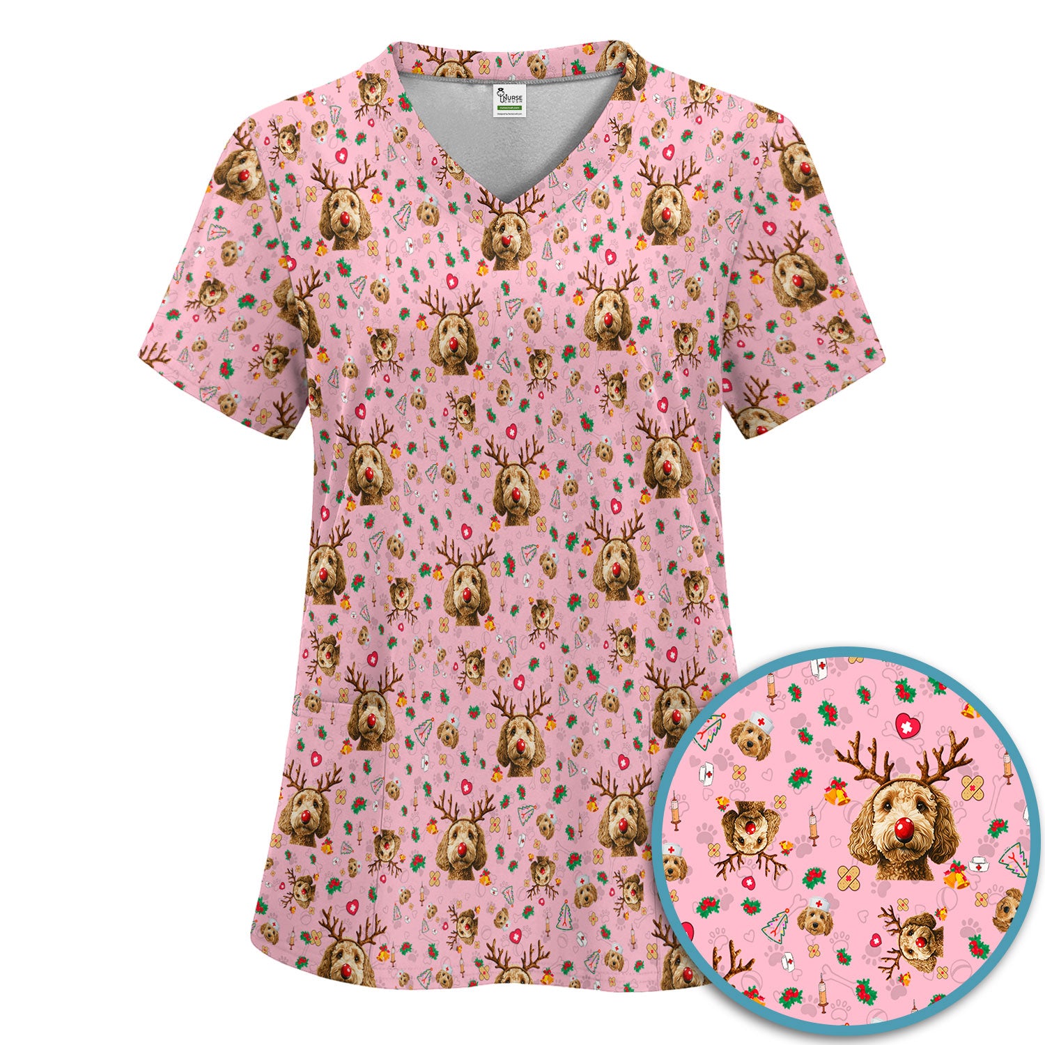 Christmas Labradoodle Scrub Set - Funny Reindeer Dog Nurse Pants and V Neck Top - Cute Holiday Medical Uniform