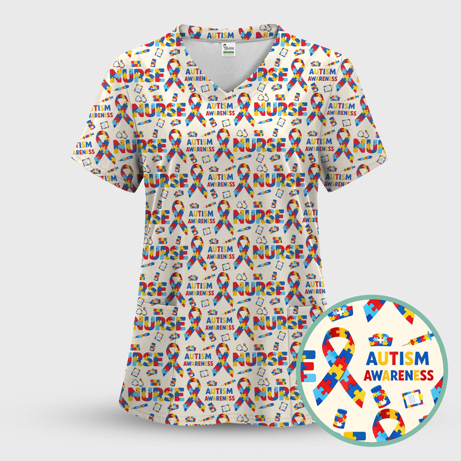Autism Awareness Nurse Puzzle Ribbon Print Scrubs, Comfortable Scrubs for Nurses