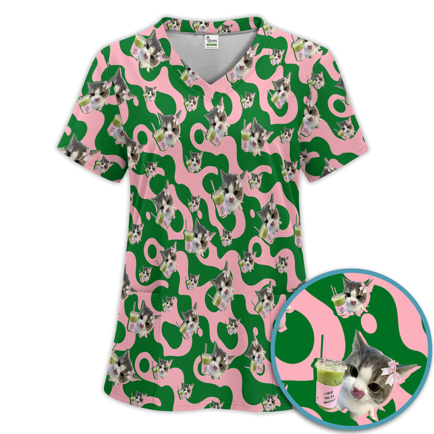 Cute Cat Matcha Nurse Scrub Set, Funny Cat I Love Matcha Medical Shirt,  Breathable Fabrics Nursing Uniform