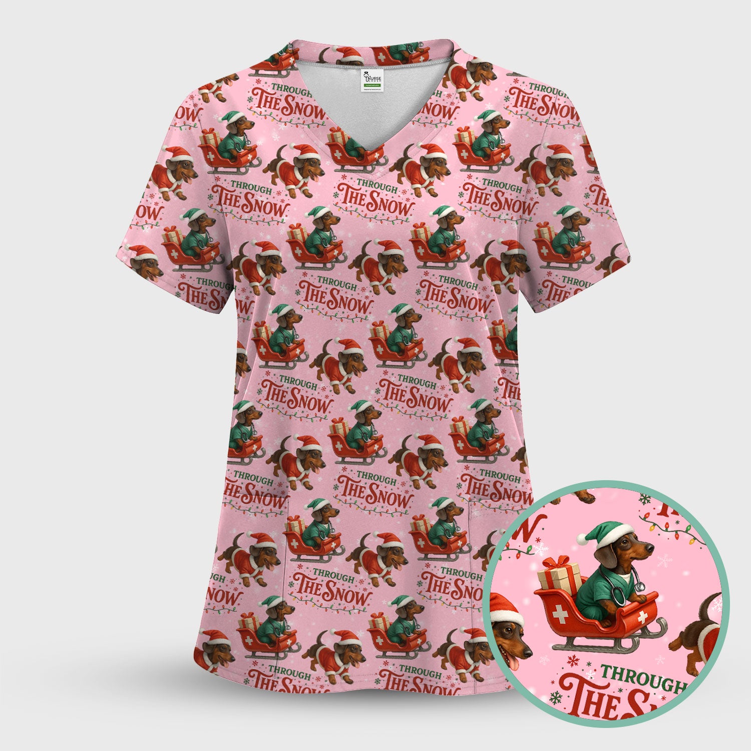 Dachshund Christmas Scrub Top, Cute Dog Nurse Scrub Shirt, Through The Snow Pattern Nursing Uniform