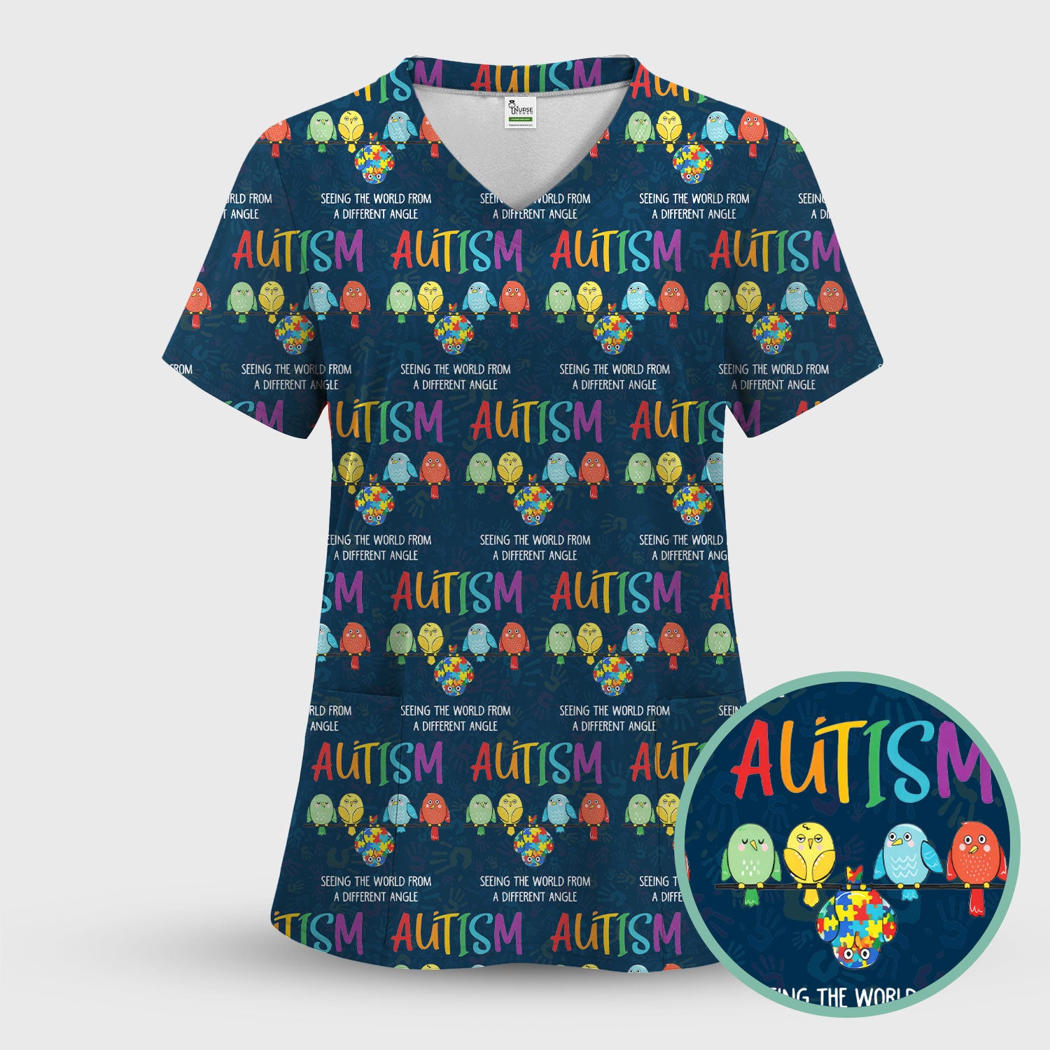 Autism Seeing The World From A Different Angle Birds Scrub Top ,Comfortable Scrubs for Nurses