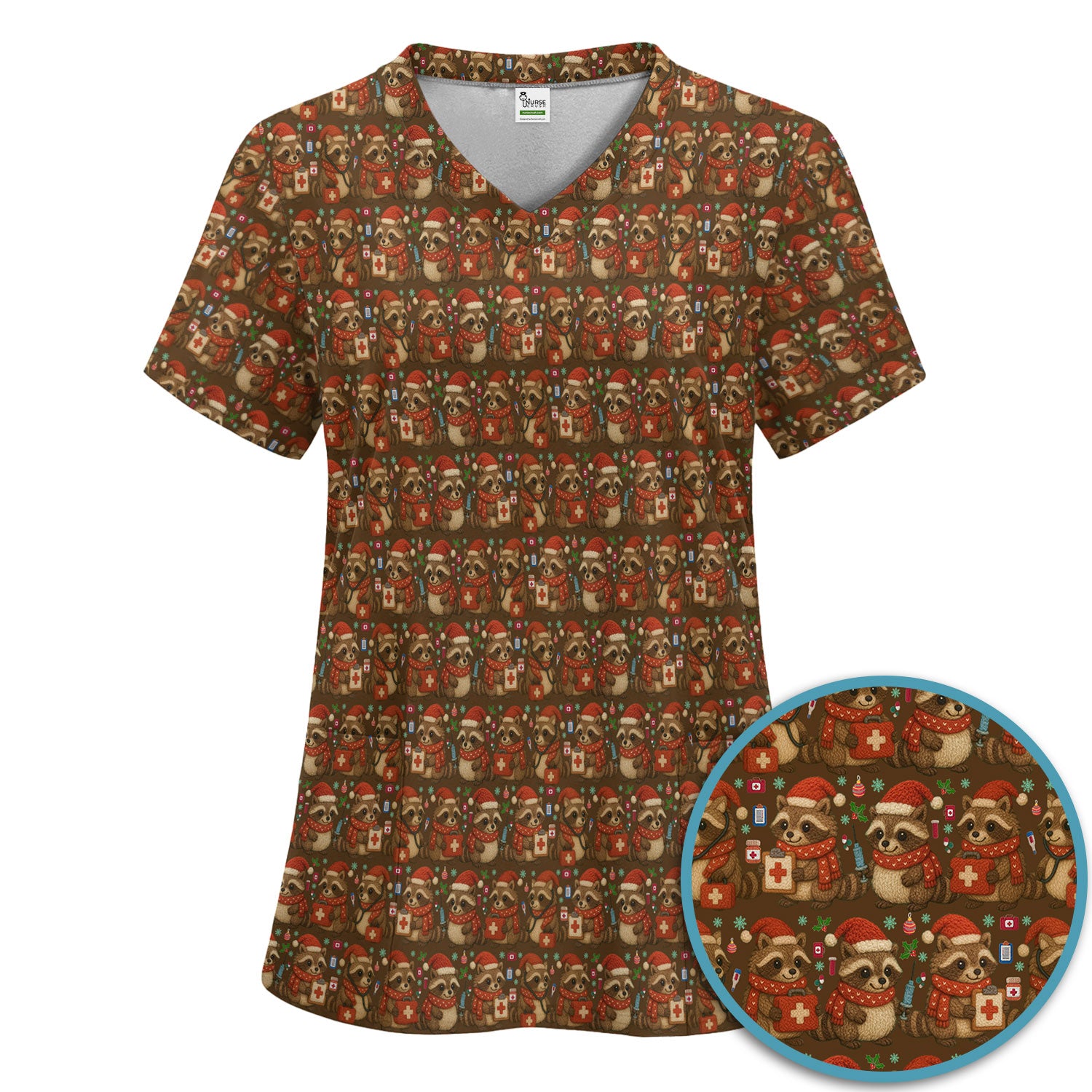 Christmas Scrub Set – Nurse Raccoon Pattern Shirt – Cute Medical Uniform For Nursing