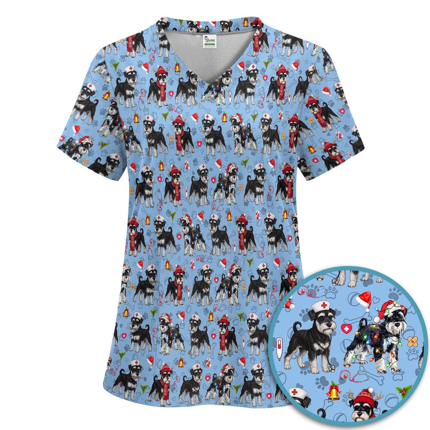 Christmas Schnauzer Scrub Set for Nurses - Cute Dog Holiday Scrubs Pants and V Neck Top - Funny Santa Nursing Medical Shirt for Women