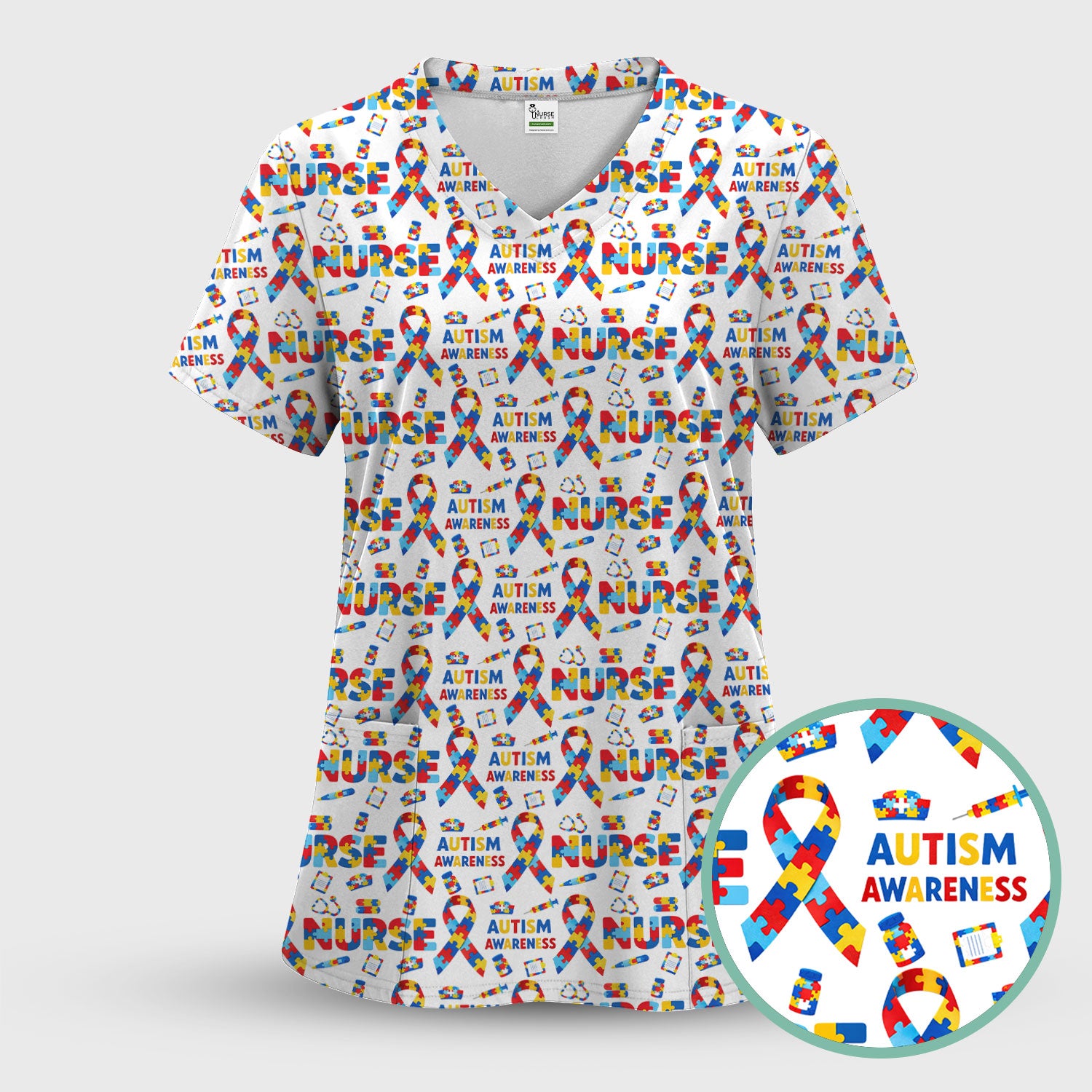 Autism Awareness Nurse Puzzle Ribbon Print Scrubs, Comfortable Scrubs for Nurses