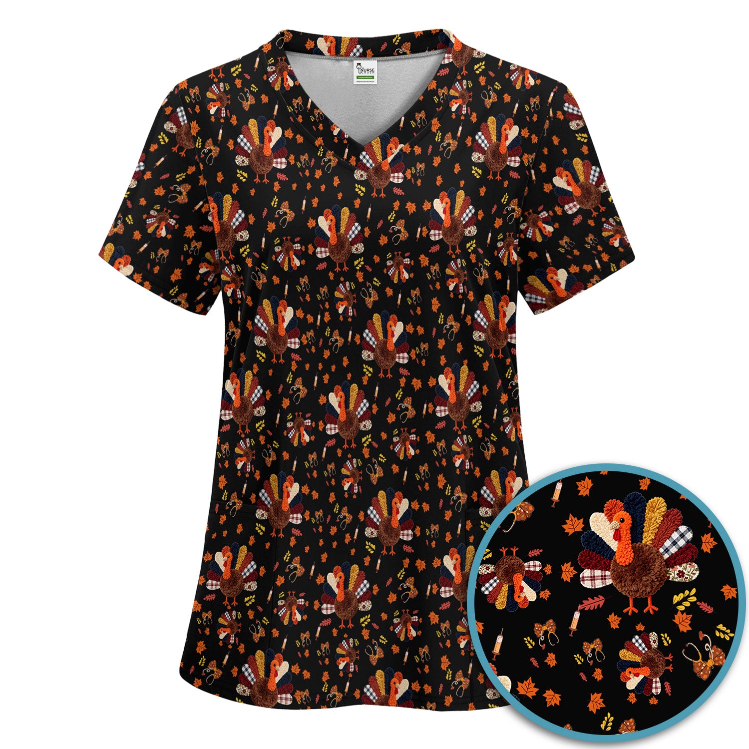 Thanksgiving Women's Scrub Sets - Funny Autumn Turkey Pants and V Neck Top - Breathable Fabrics Nursing Uniform