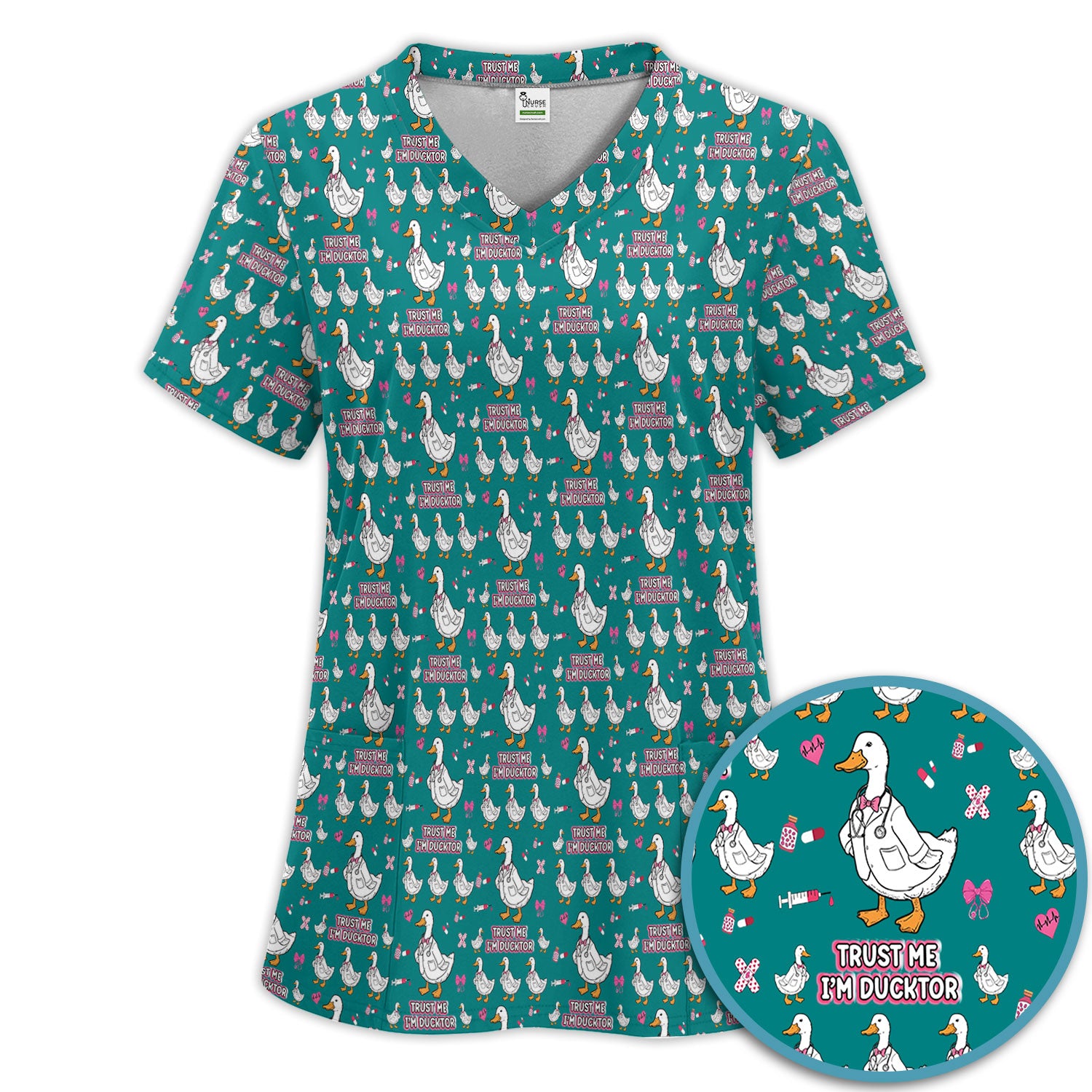 Trust Me I'm Ducktor Scrub Set, Funny Duck Pattern Scrub Shirt, Breathable Fabrics Nursing Uniform For Women