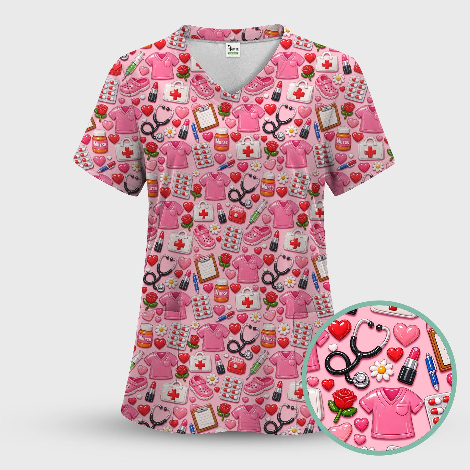 Medical Icons Scrub Top, Cute Pattern Nurse Shirt, Breathable Fabrics Nursing Uniform