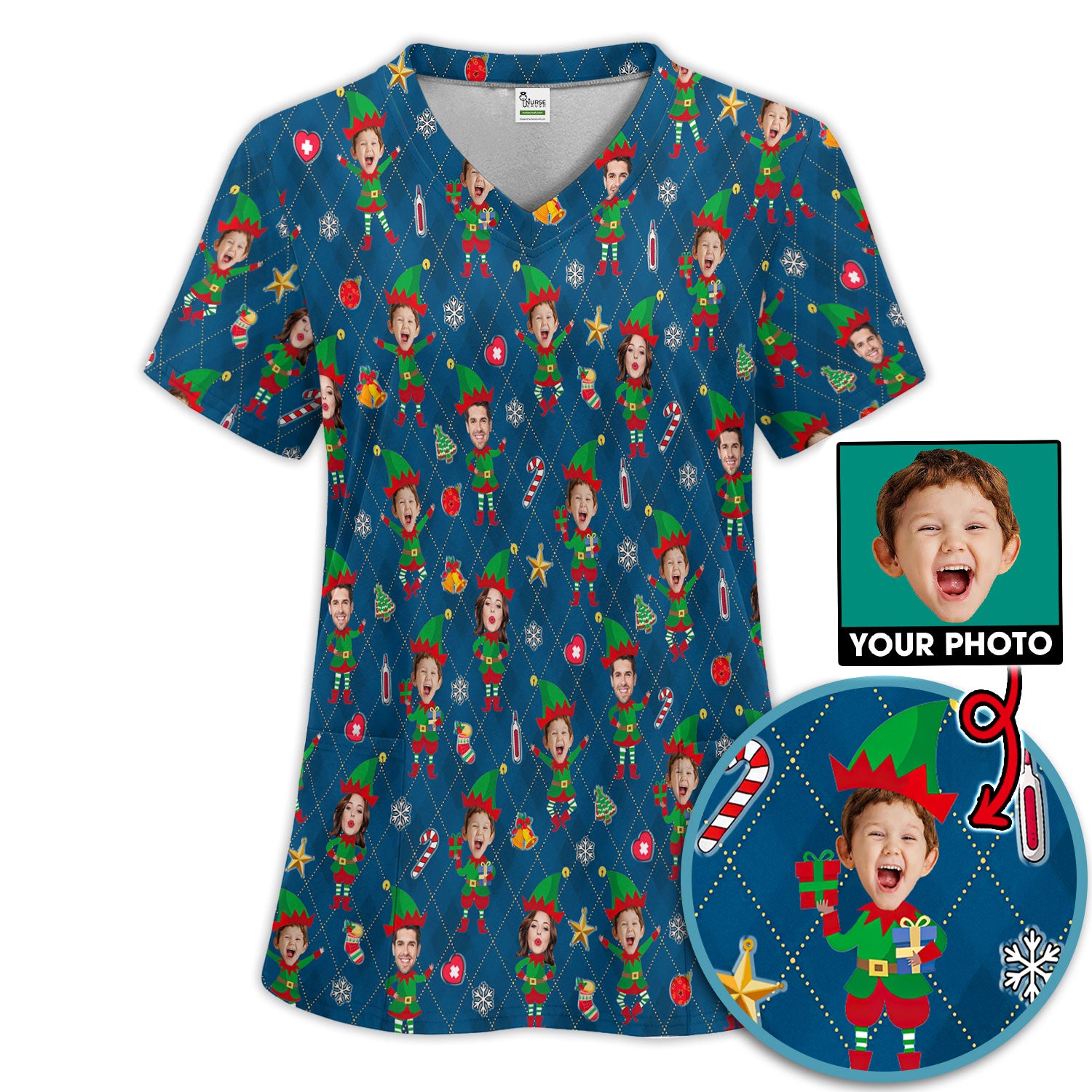 Personalized Face Nurse Uniform, Custom Photo Christmas Scrub Set, Funny Holiday Medical Uniform For Nursing