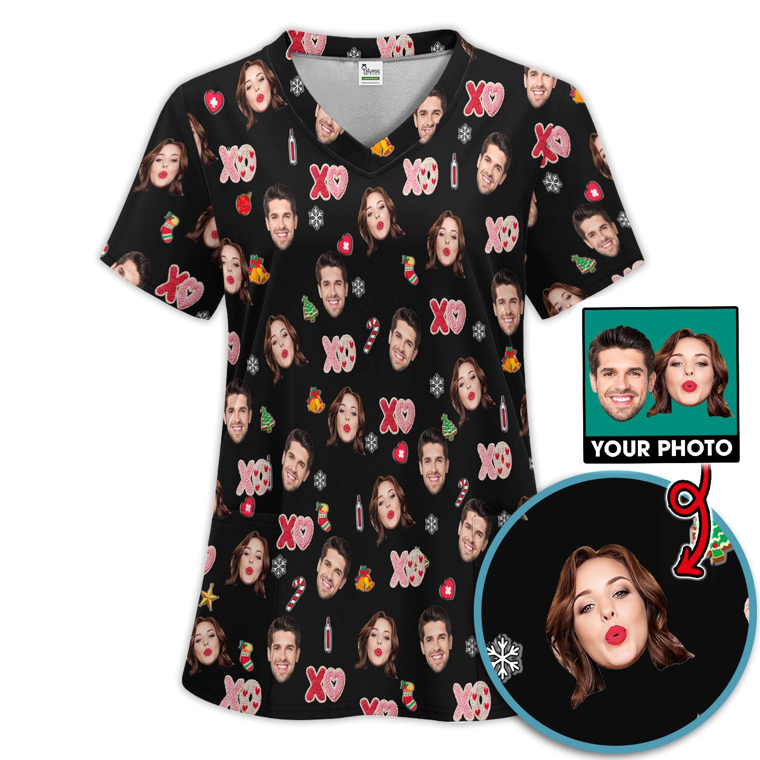 Personalized Photo Scrub Set, Custom Face XOXO Scrub Shirt, Breathable Fabrics Nursing Uniform