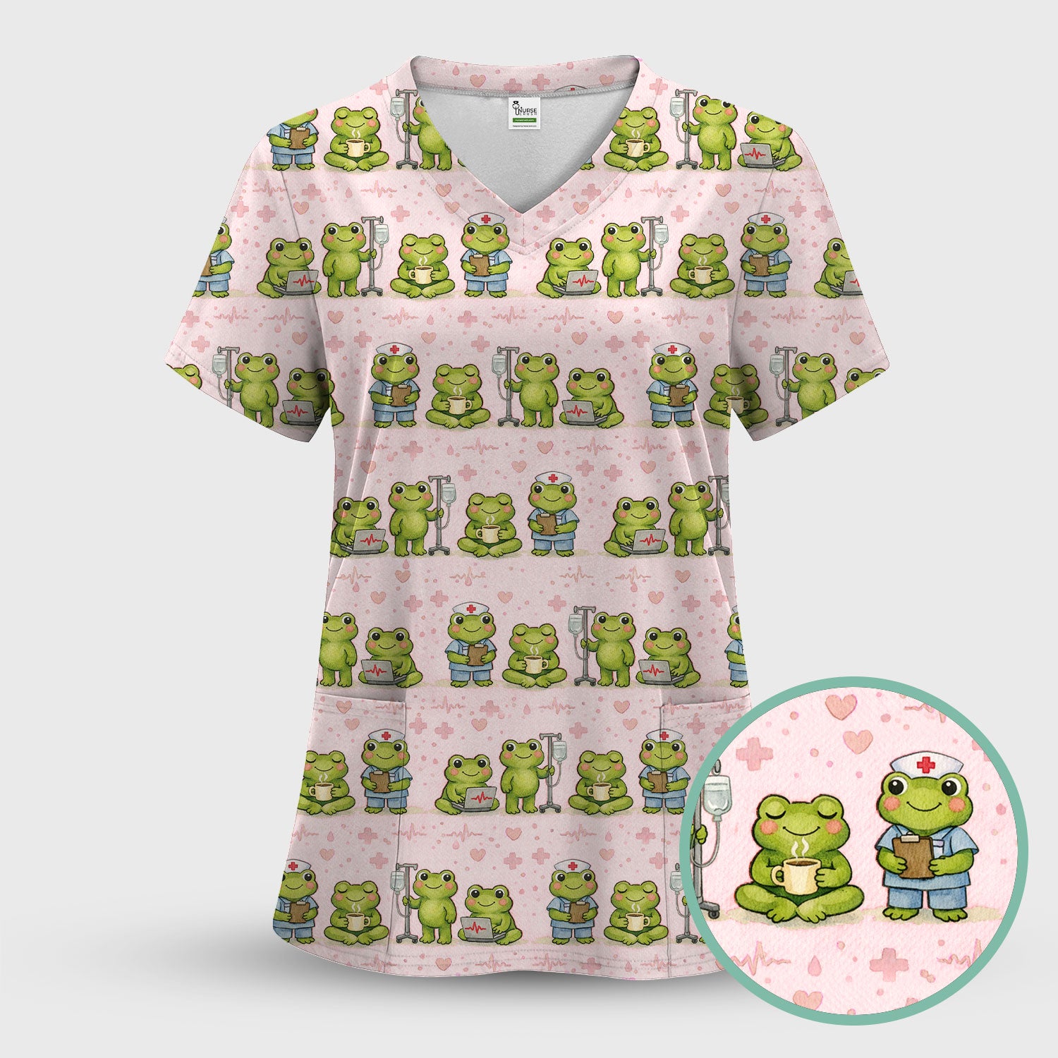Adorable Frog Nurse Various Poses Print Scrub Top, Comfortable Scrubs for Nurses