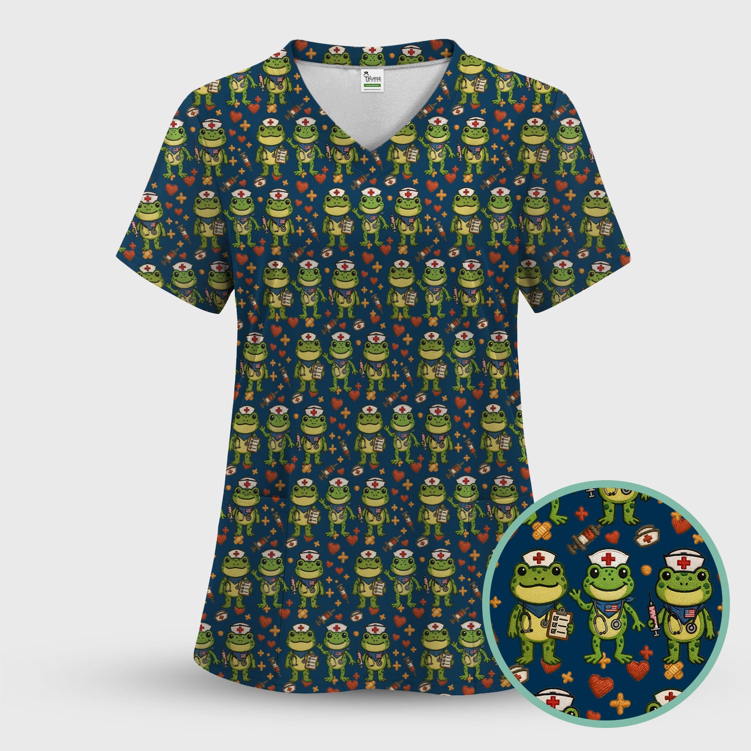 Frog Pattern Scrub Top, Cute Frog Scrub Shirt, Breathable Fabrics Nursing Uniform