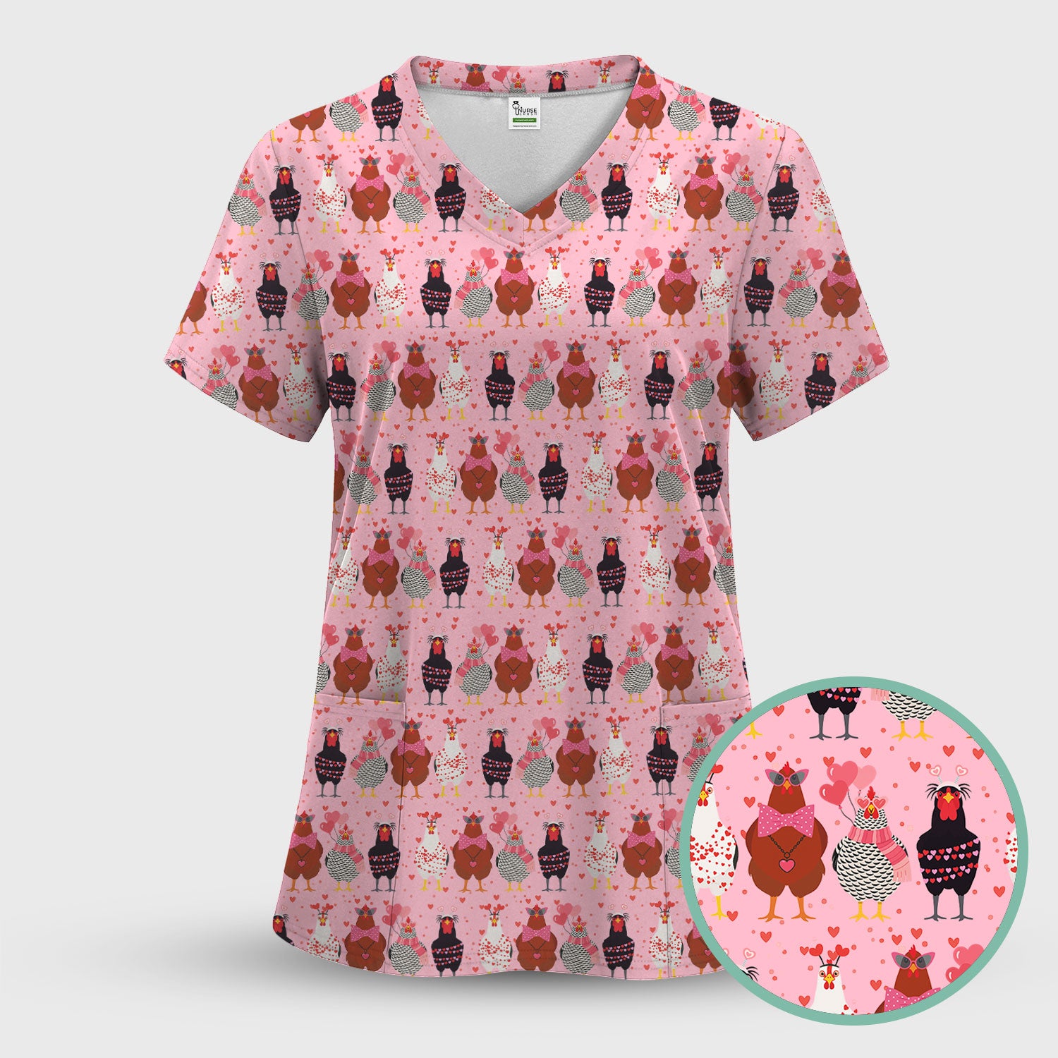 Funny Chicken Valentine Scrub Top, Chicken Pattern Scrub Shirt For Nursing, Valentine Gift For Nurse