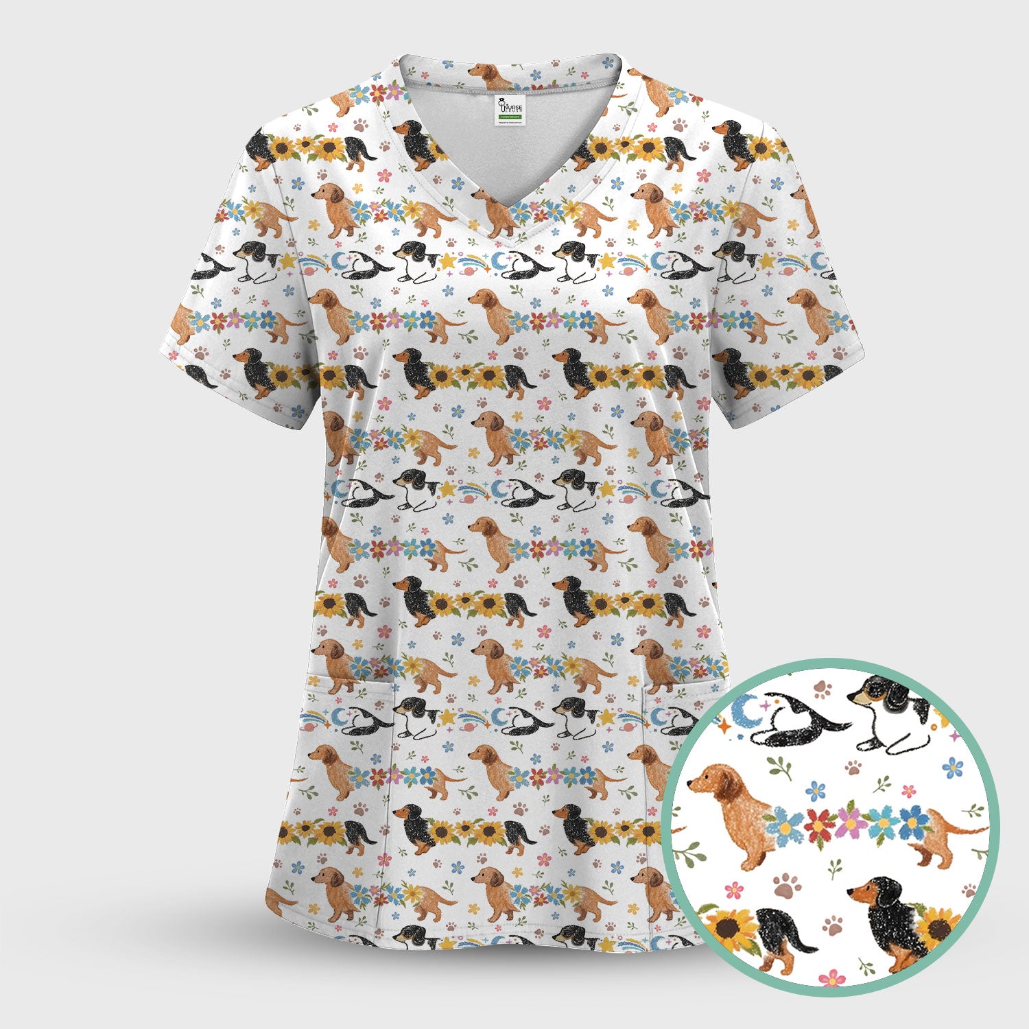 Floral Wiener Dog Pattern Scrub Set, Scrub Pants and V Neck Top
