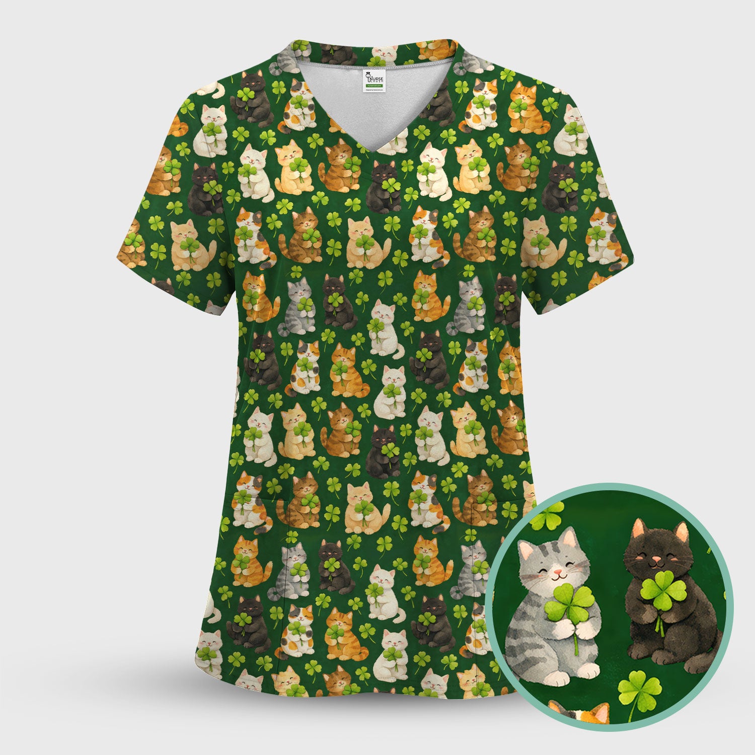 Funny St. Patrick’s Black Cat Nurse Scrub Top, Comfortable Uniform Scrubs For Nursing
