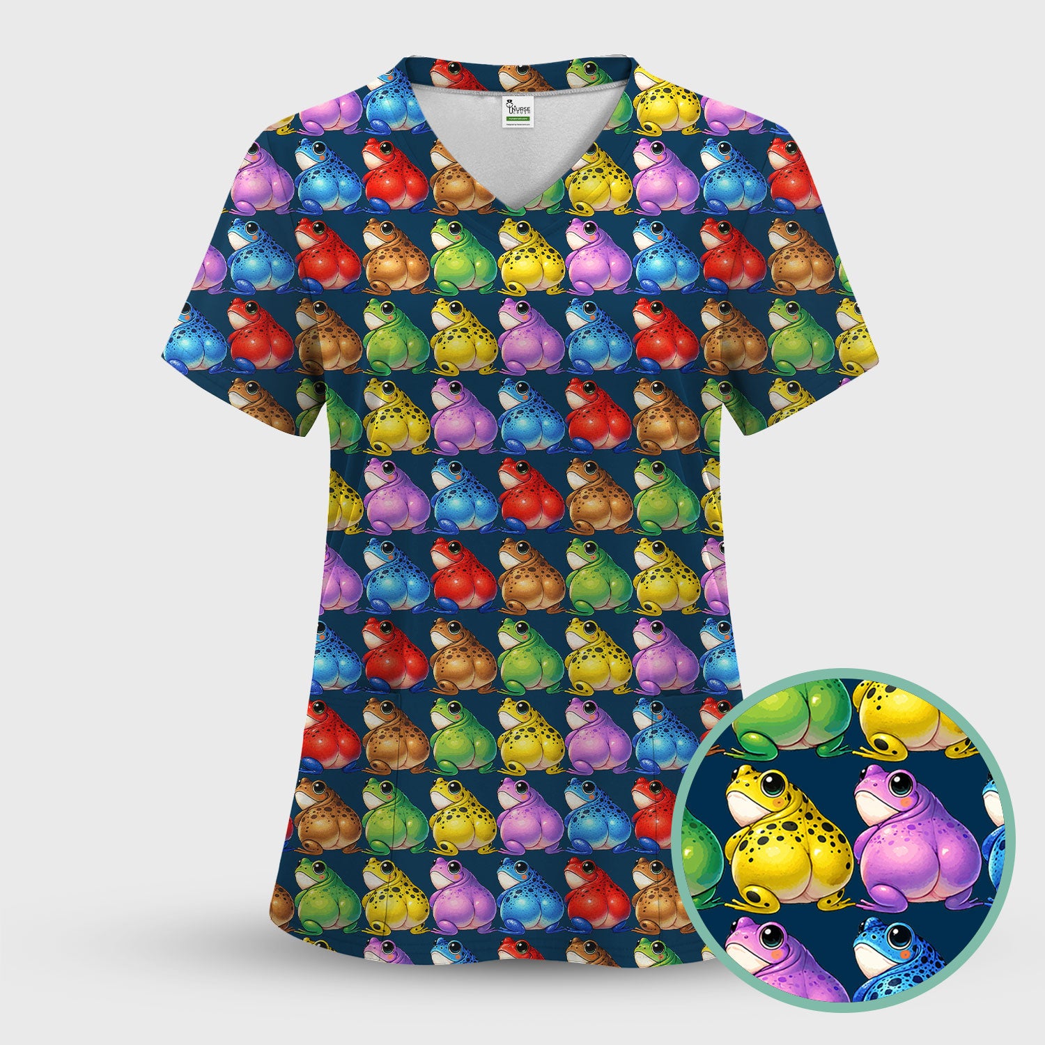 Funny Colorful Frogs Pattern Scrubs Sets, Scrub Pants and V Neck Top