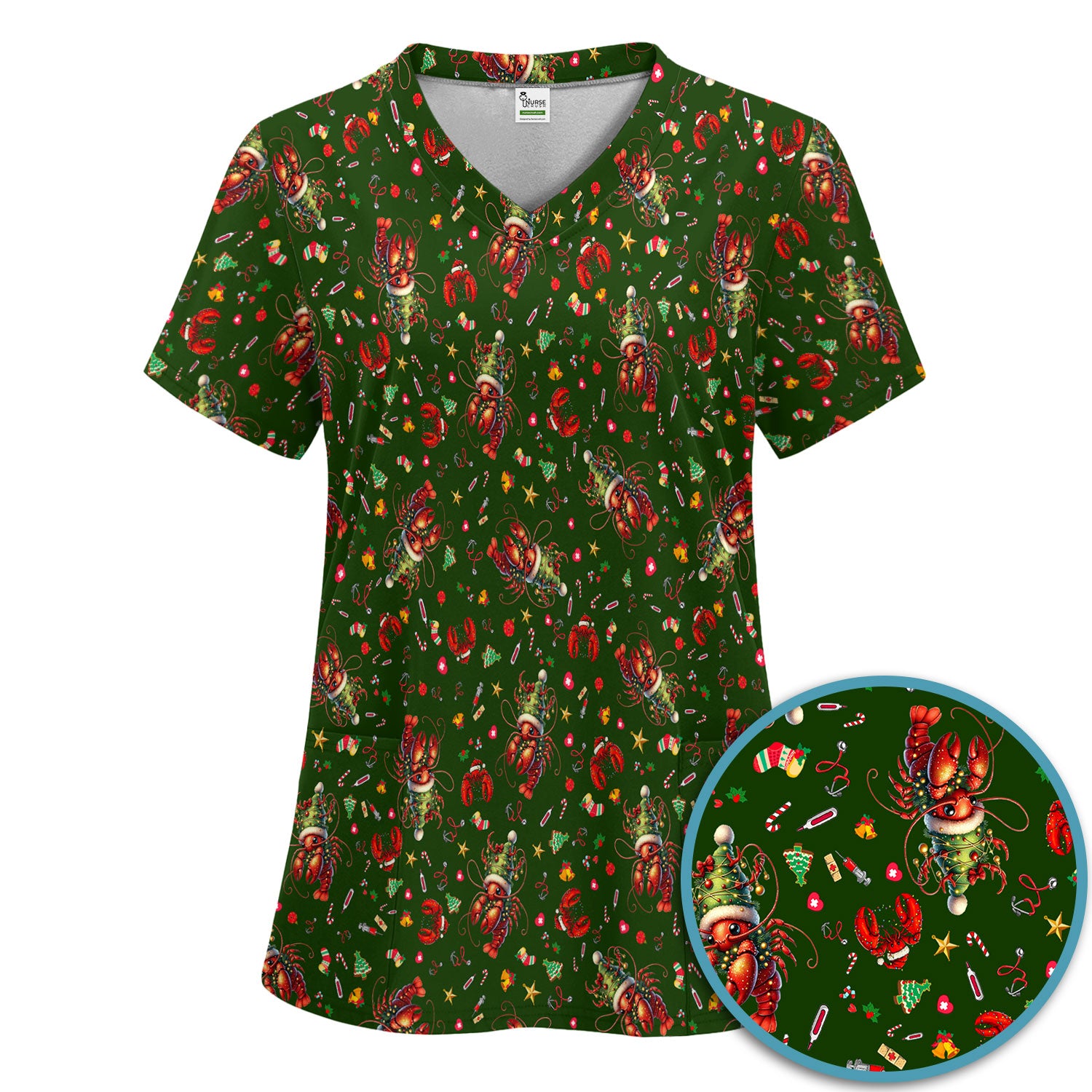 Whimsical Crawfish Christmas Scrub Set – Southern Christmas Cajun Holiday Crawfish Pattern – Cute Medical Uniform for Nurses, Vets And Healthcare Workers