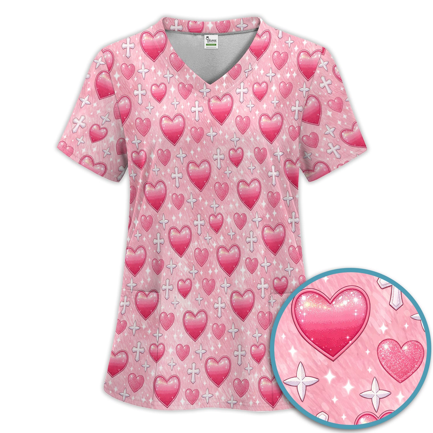 Pink Heart & Cross Pattern Scrub Set, Scrub Pants and V Neck Top