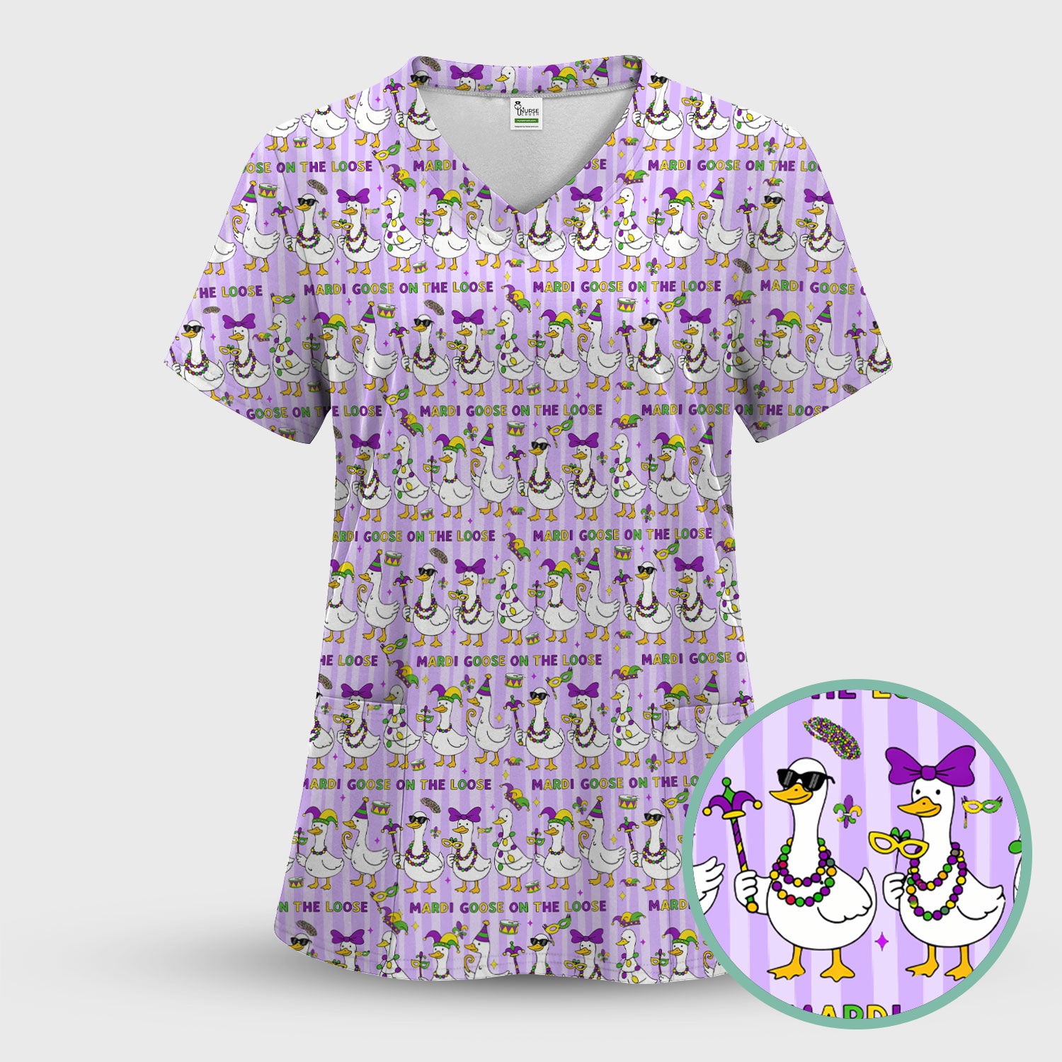 Mardi Gras Goose Nurse Scrub Top, Funny Carnival Medical Pattern Nurse Shirt, Breathable Fabrics Nursing Uniform