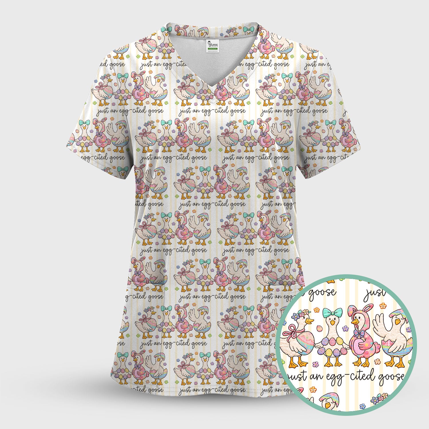 Cute Easter Goose Egg Pattern Scrubs Top, Breathable Fabrics Nursing Uniform