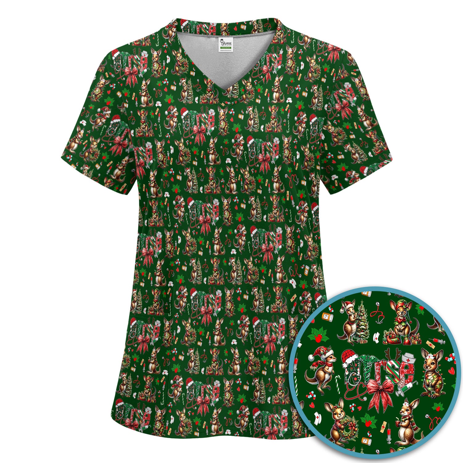 Whimsical Kangaroo Christmas Scrub Set – Festive Australian Animals Holiday Pattern – Cute Medical Uniform for Nurses, Vets & Healthcare Workers